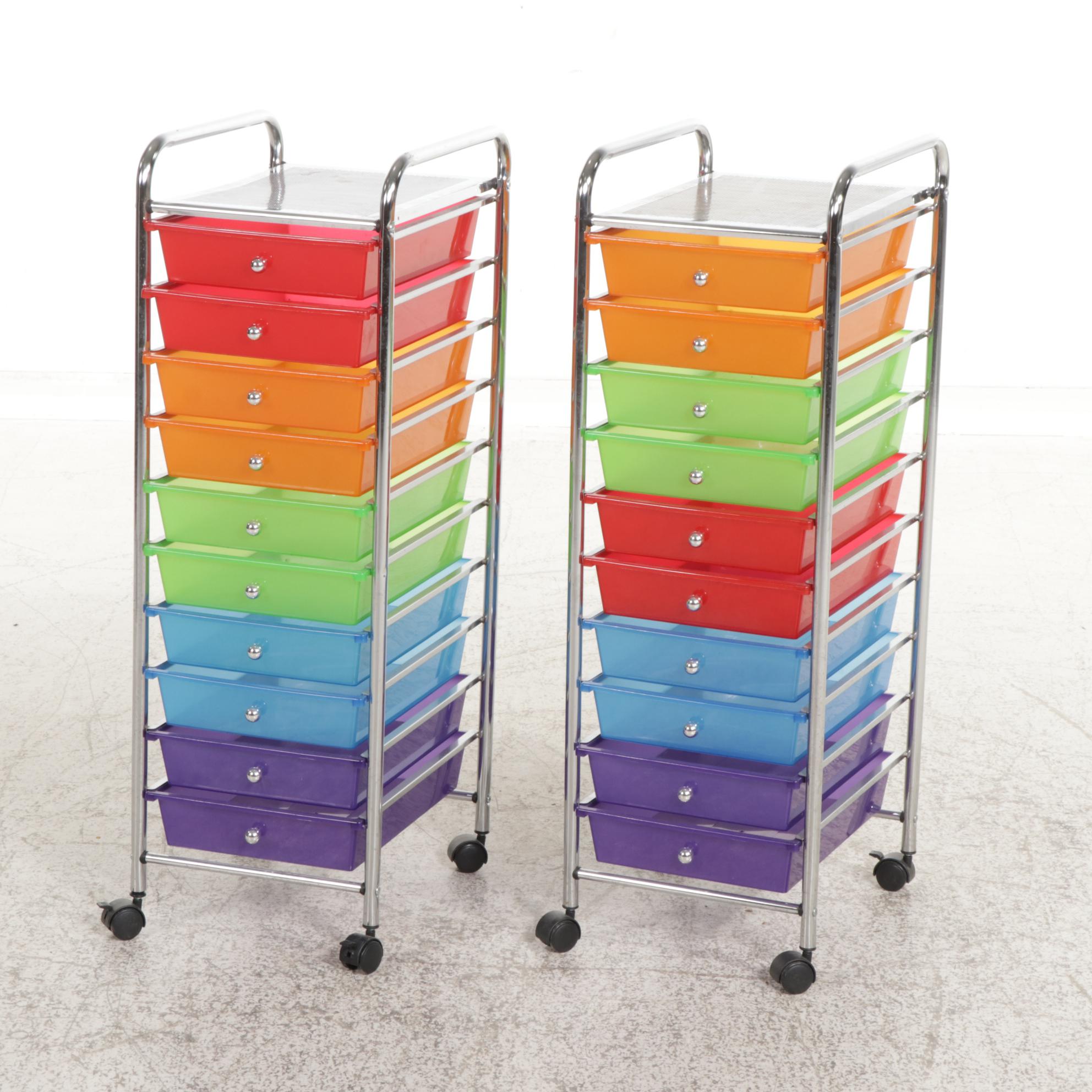 Pair of Contemporary Rolling Storage Racks with Rainbow Colored Drawers