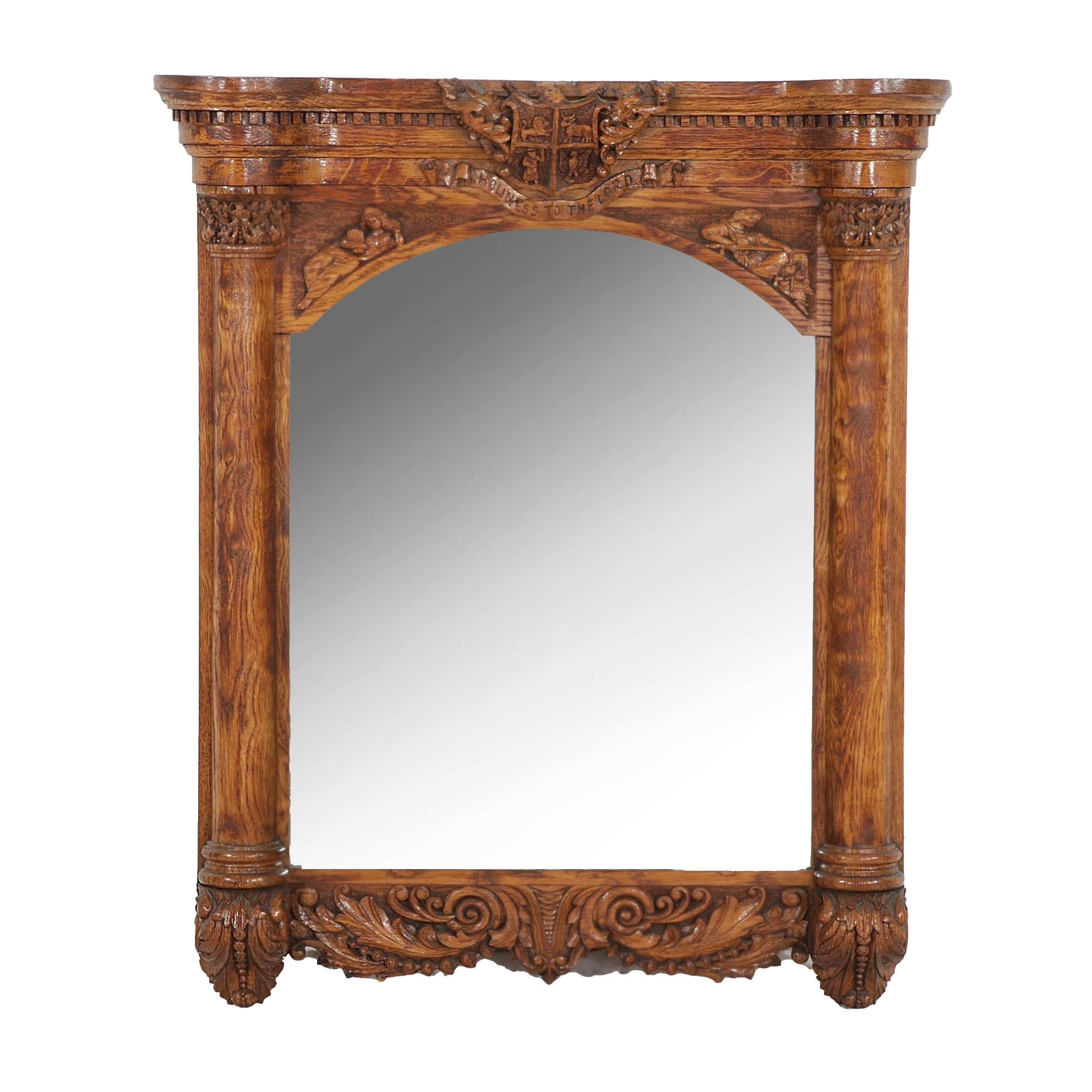 Victorian Carved Oak Wall Mirror with Biblical Tetramorph Coat of Arms