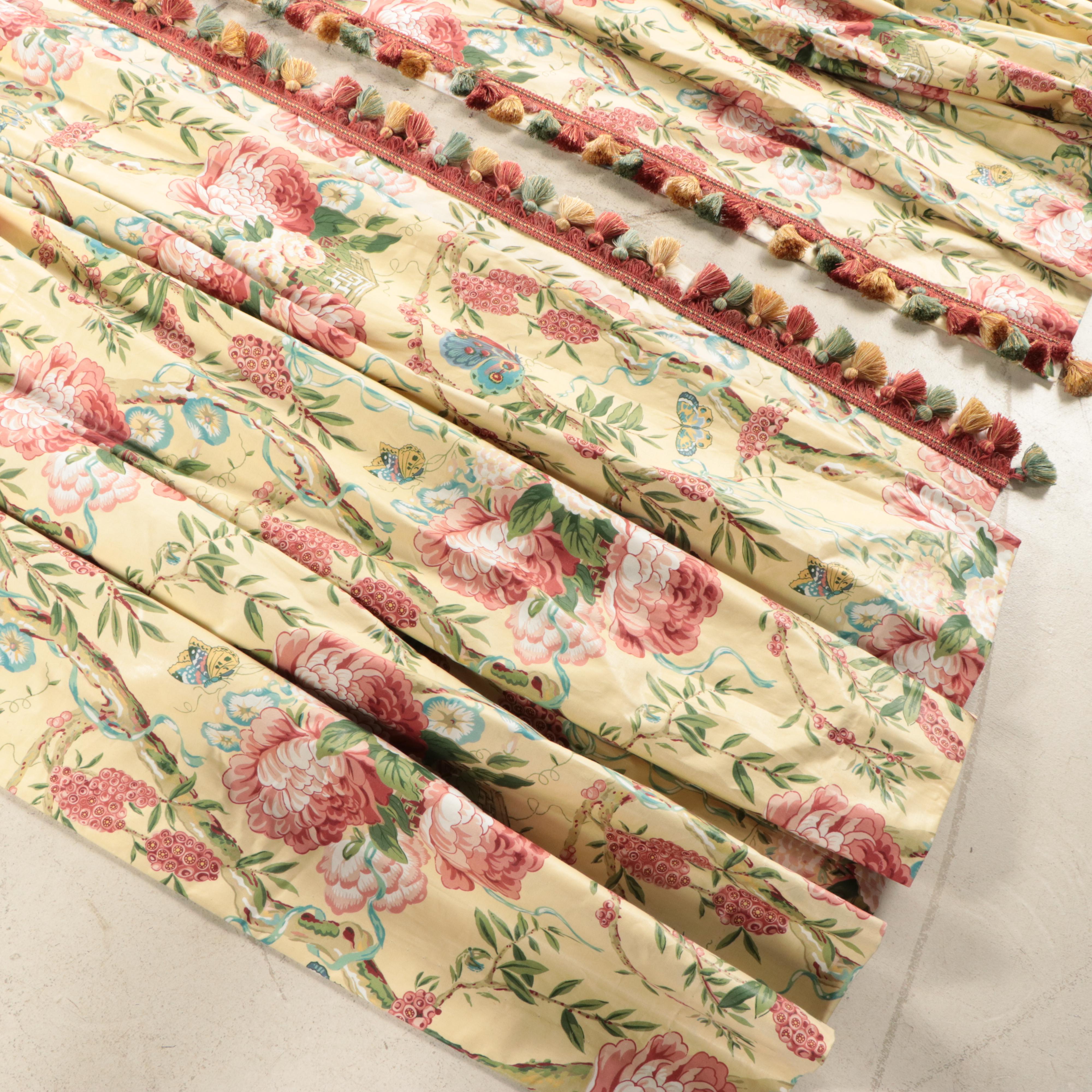 Custom Made Chintz Floral Motif Drapery Panels with Tassels