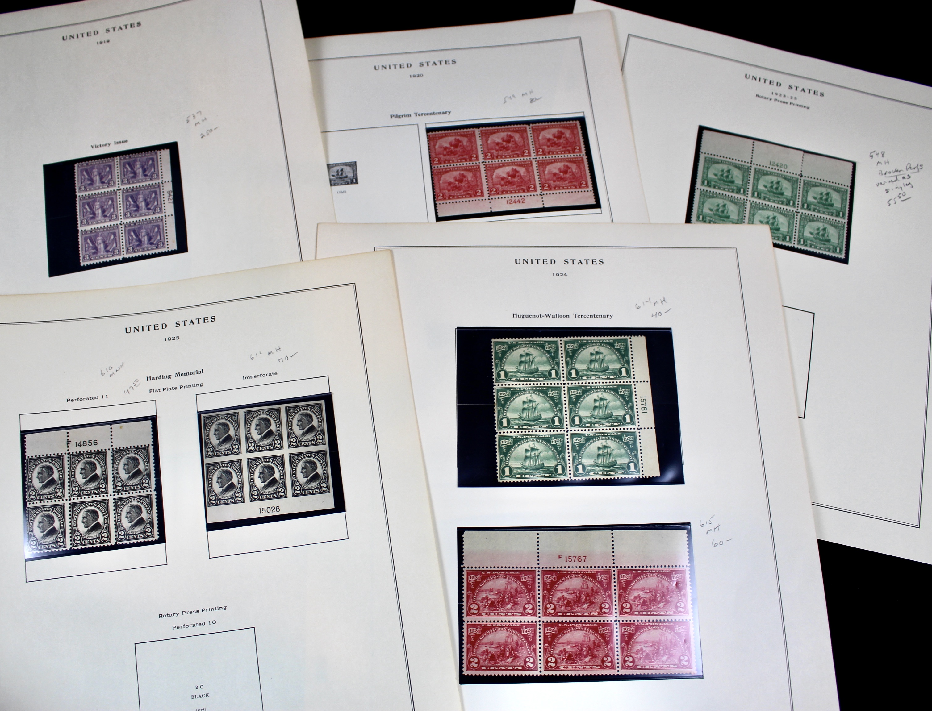 Seven Early Postage Stamp Plate Blocks