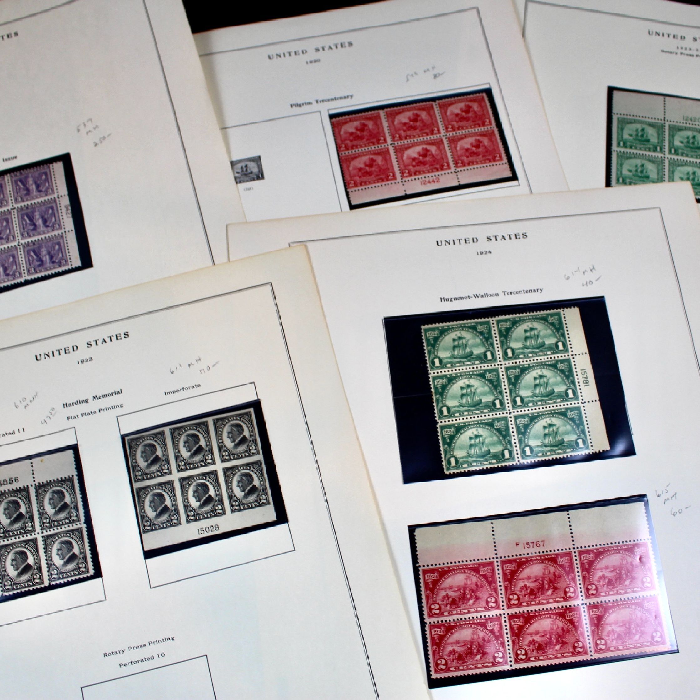 Seven Early Postage Stamp Plate Blocks