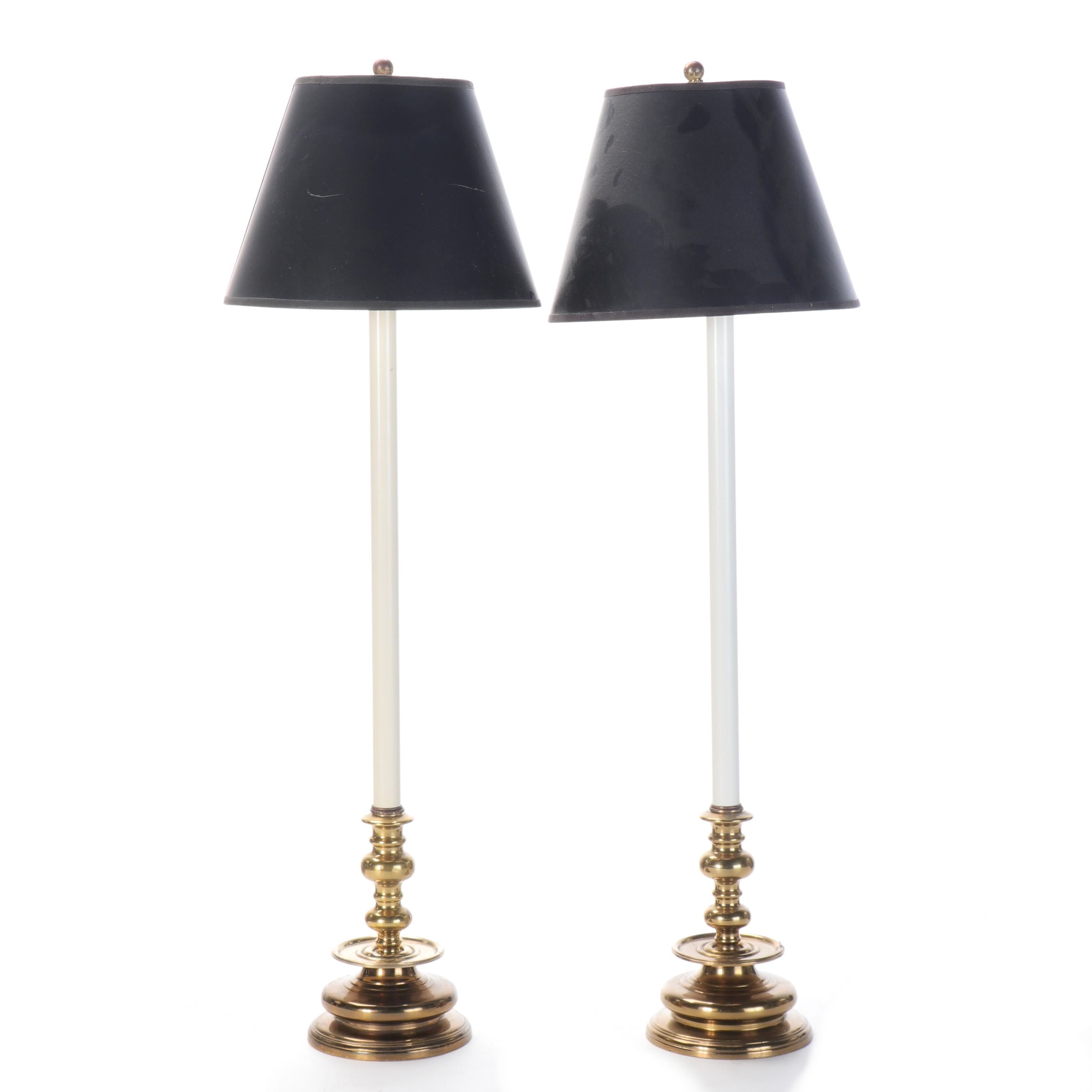 Colonial Style Brass Candlestick Buffet Table Lamps, Late 20th Century