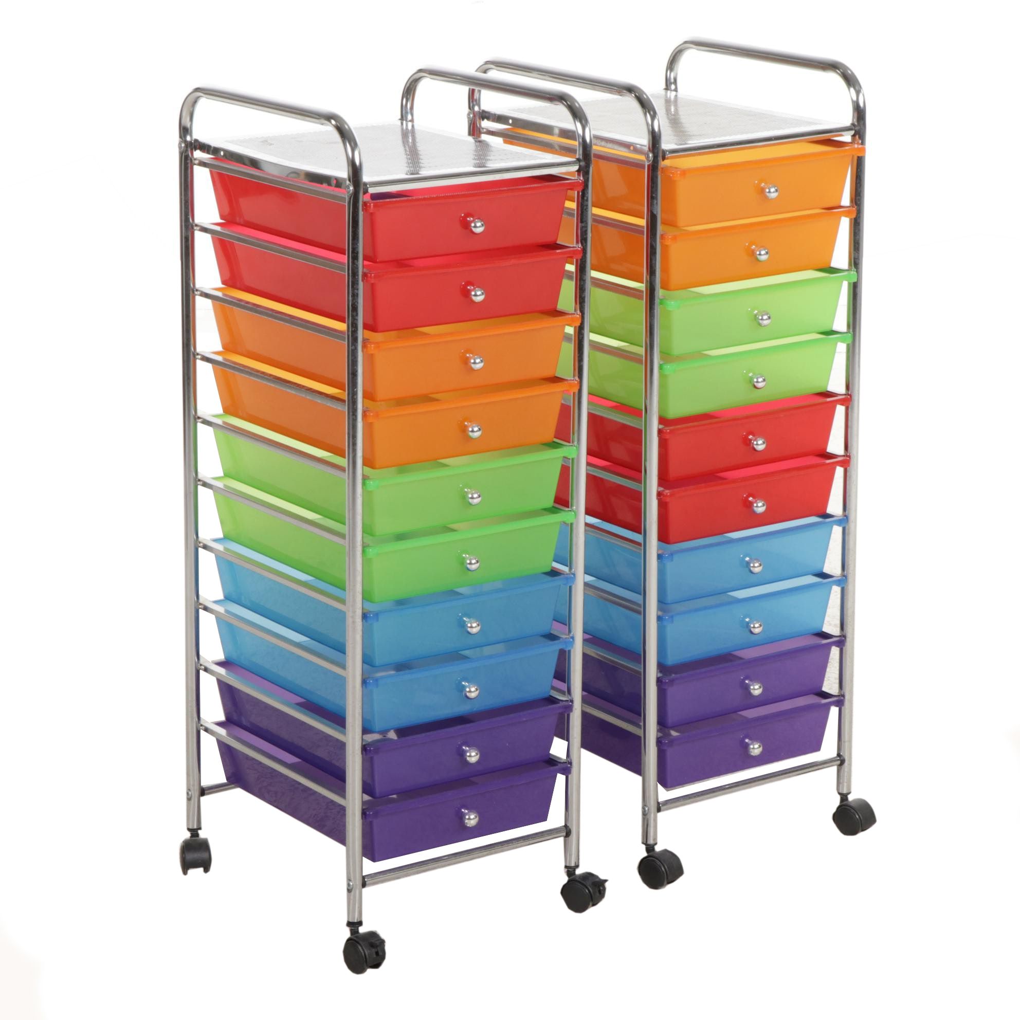 Pair of Contemporary Rolling Storage Racks with Rainbow Colored Drawers