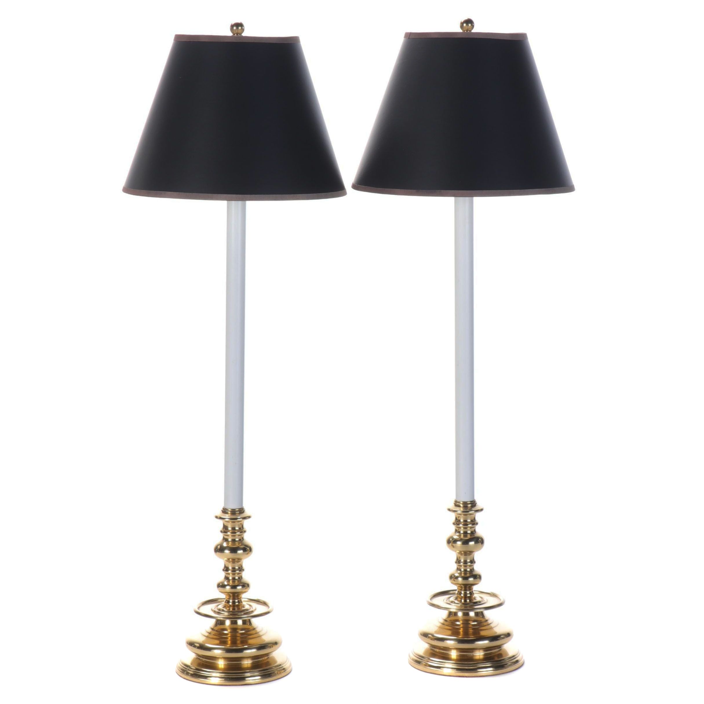 Pair of Brass and Metal Candlestick Buffet Lamps with Paper Shades