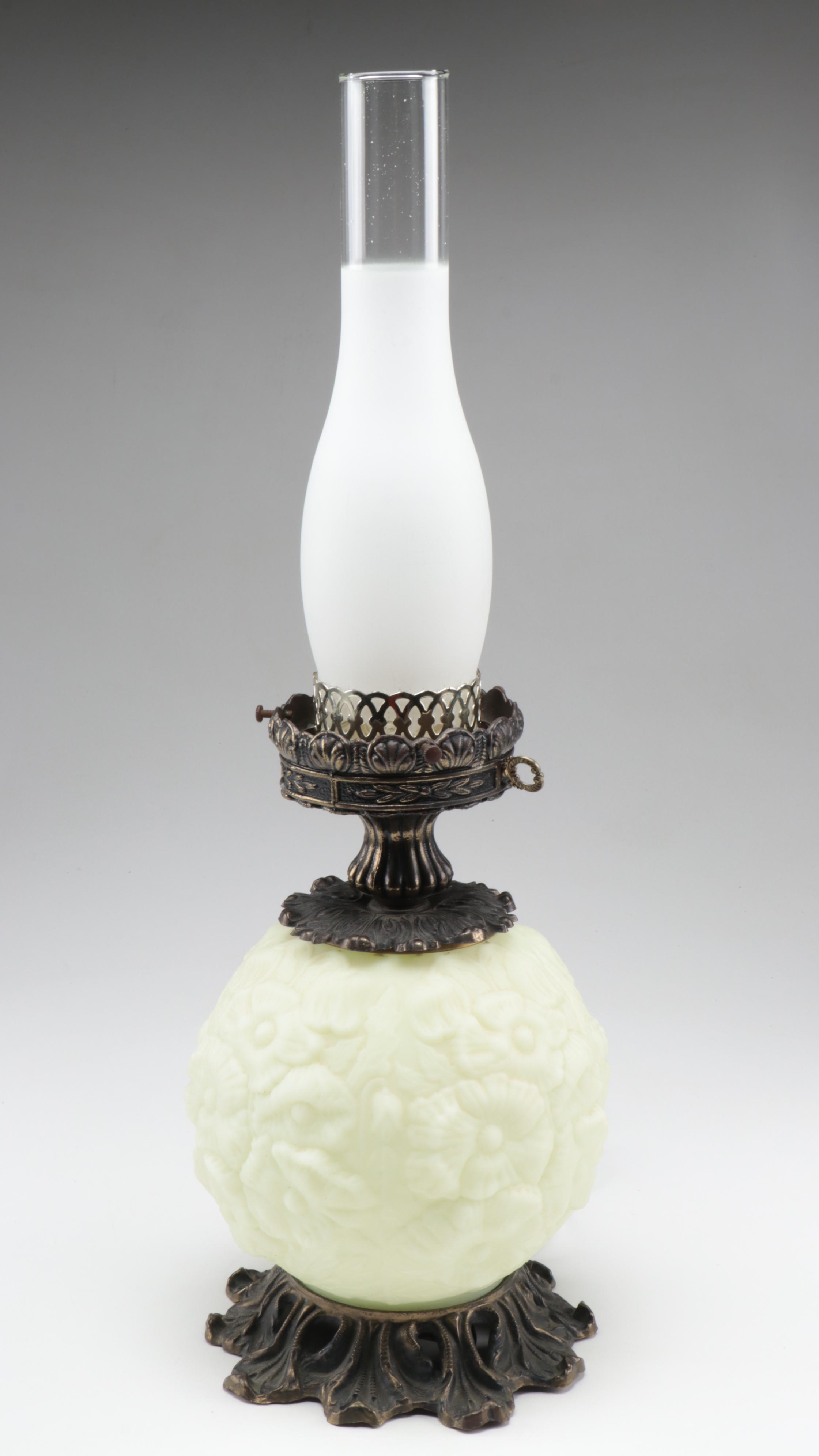 Loevsky & Loevsky and Fenton "Poppy" Pressed Custard Glass Parlor Lamp
