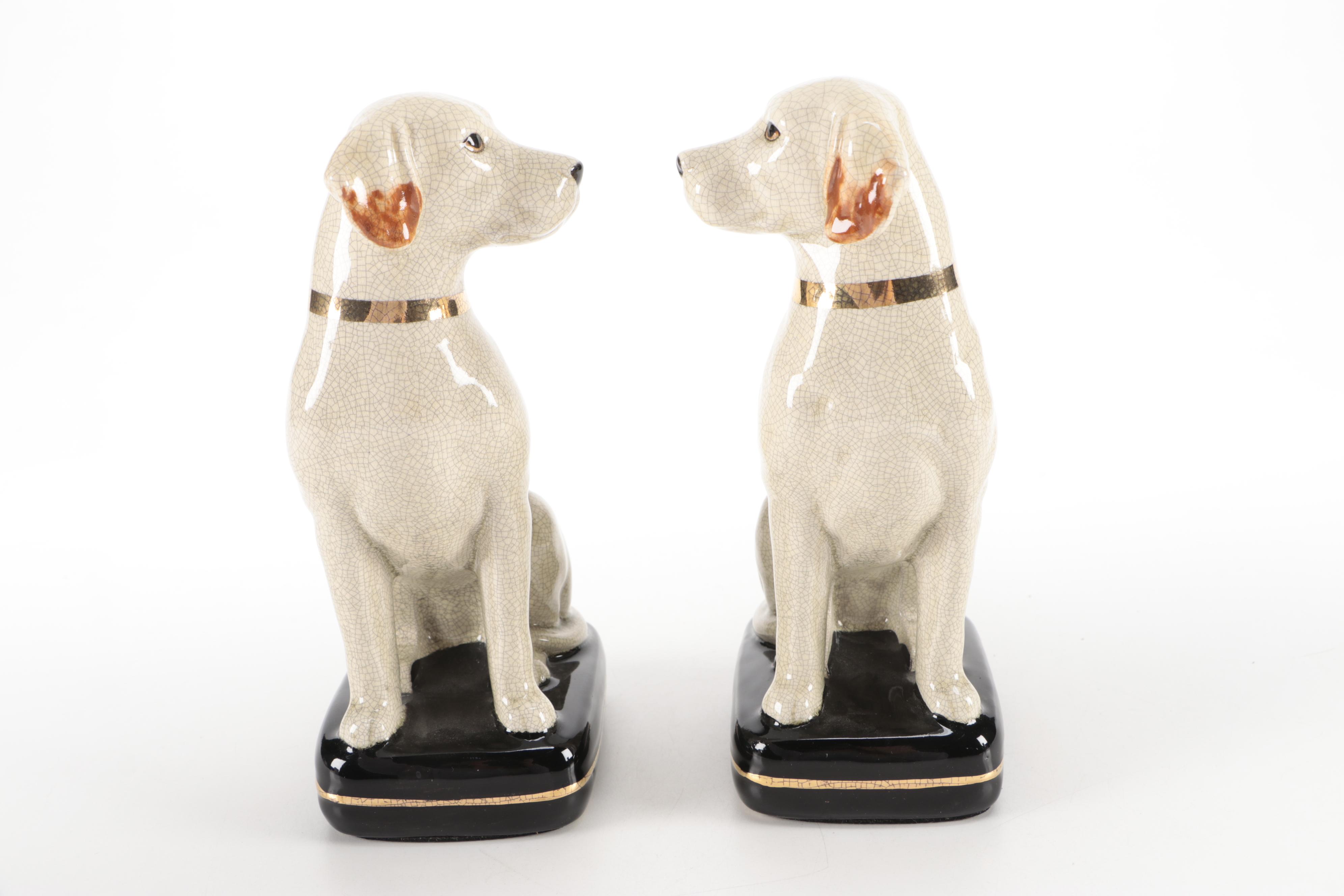 Pair of Takahashi Crackle Glaze Porcelain Labrador Figurines, Mid to Late 20th C