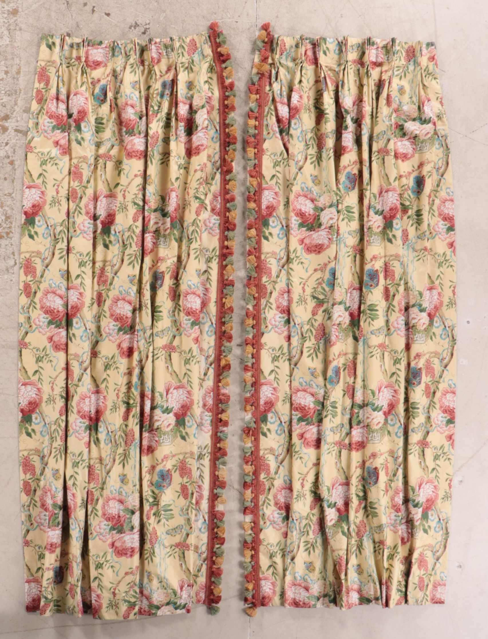 Custom Made Chintz Floral Motif Drapery Panels with Tassels
