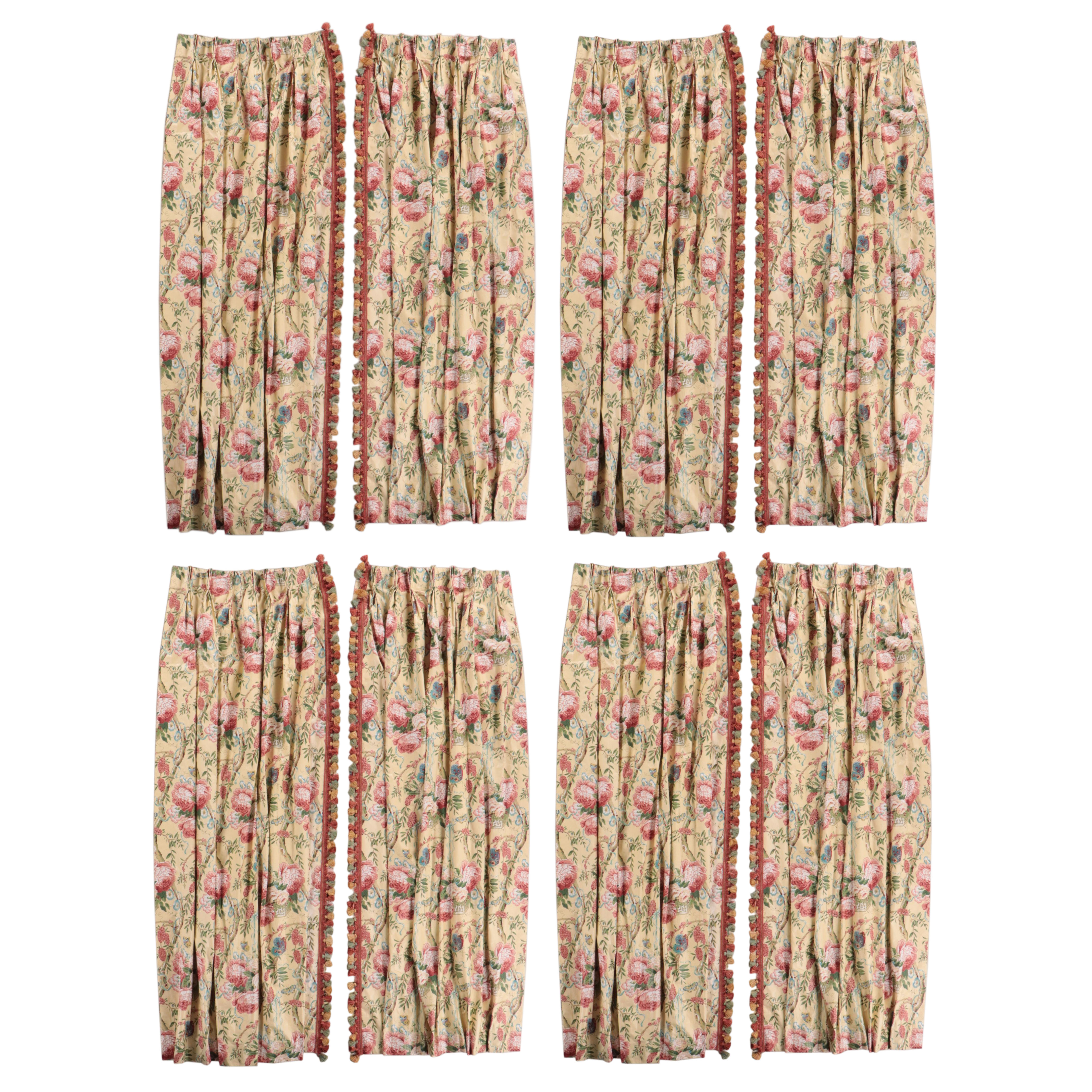 Custom Made Chintz Floral Motif Drapery Panels with Tassels