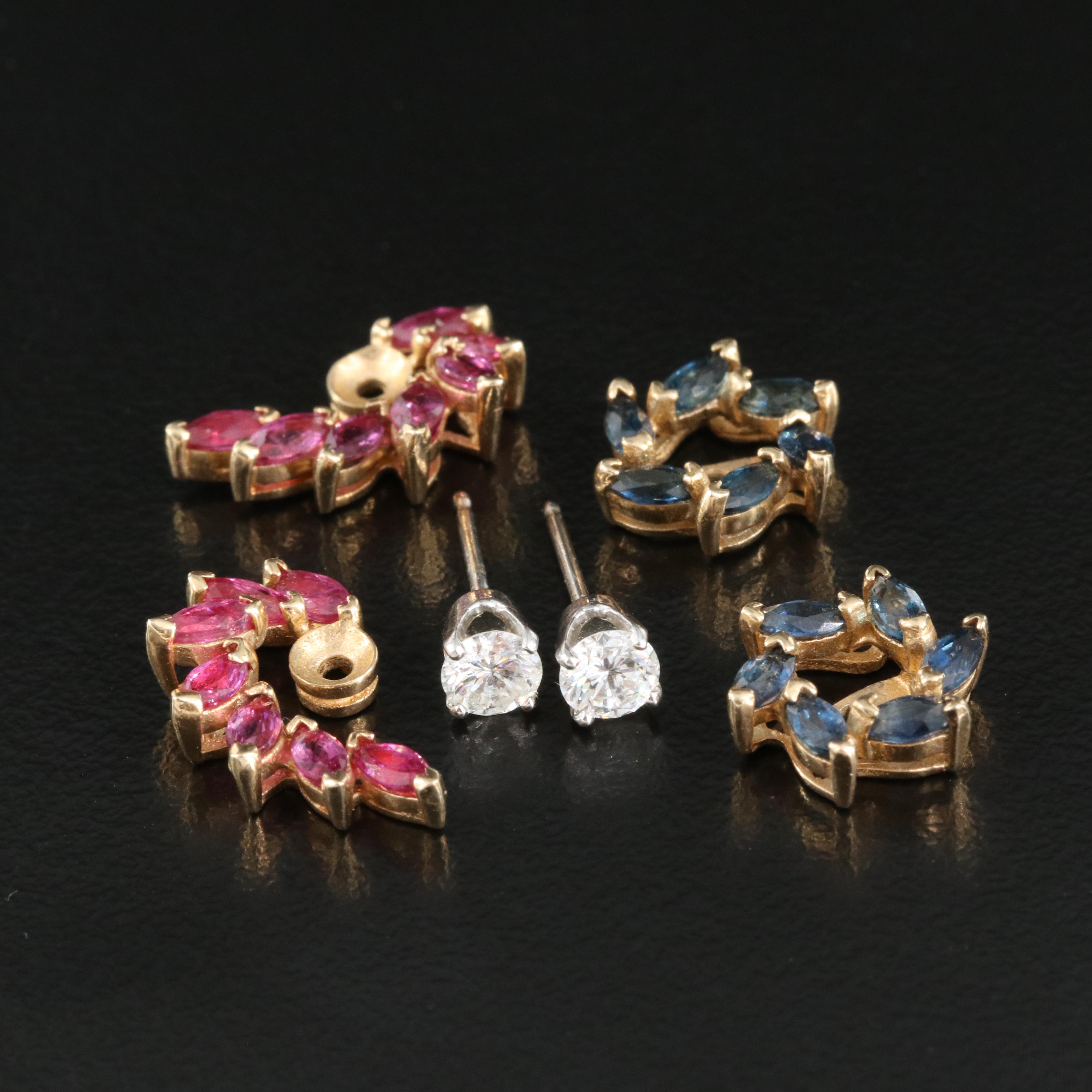14K  Diamond Stud Earrings with Ruby and Sapphire Earring Enhancers