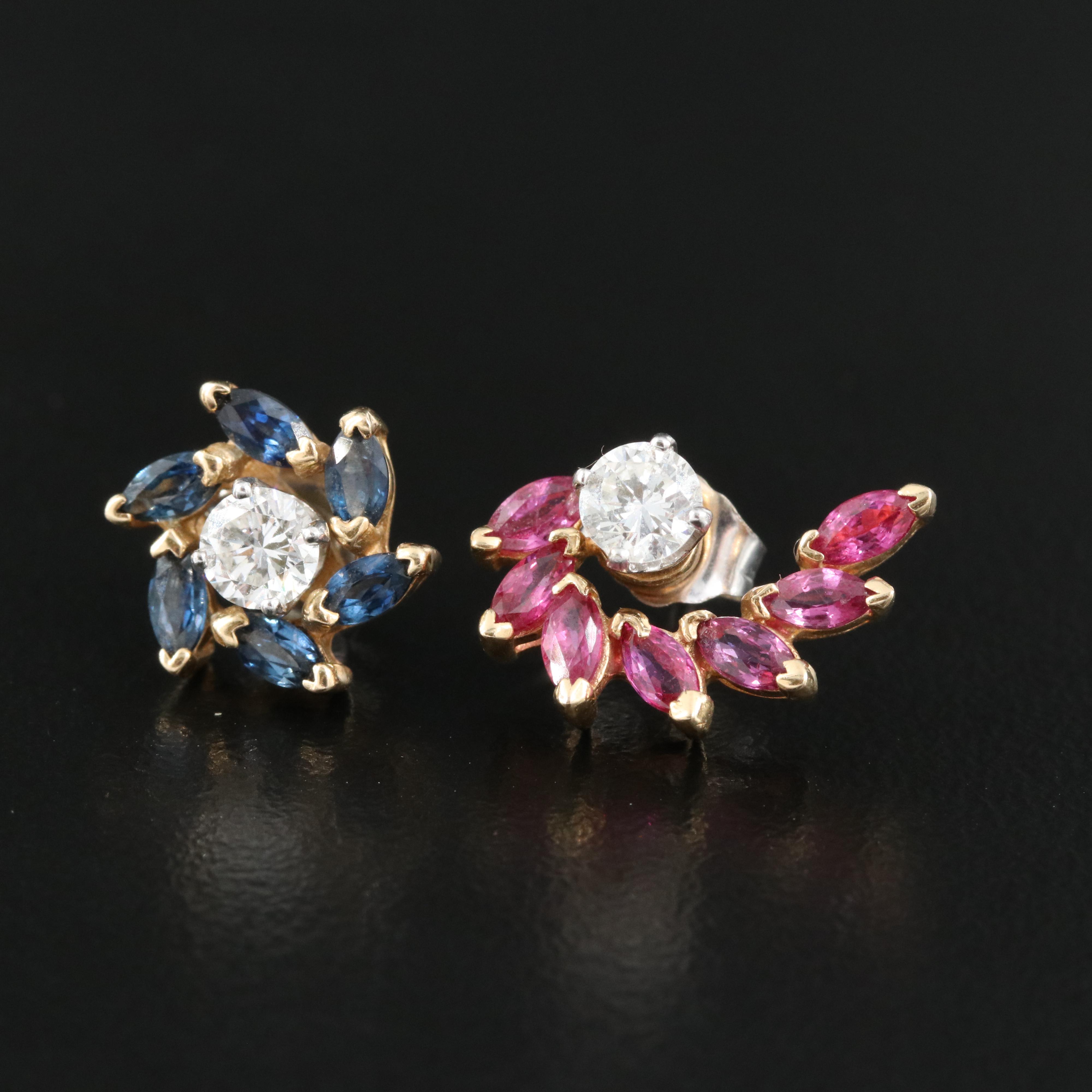 14K  Diamond Stud Earrings with Ruby and Sapphire Earring Enhancers