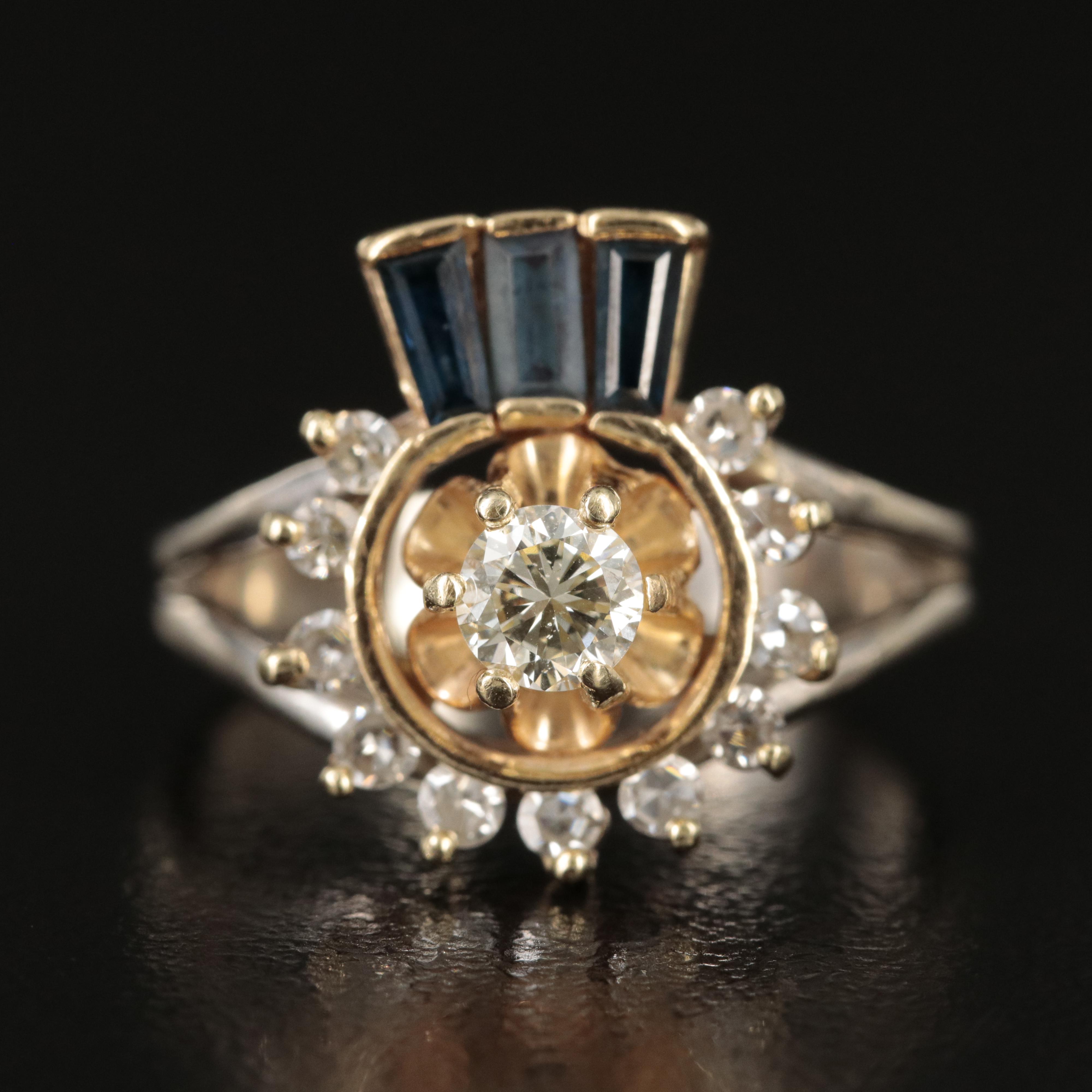 14K Diamond and Sapphire Ring with Buttercup Center Setting