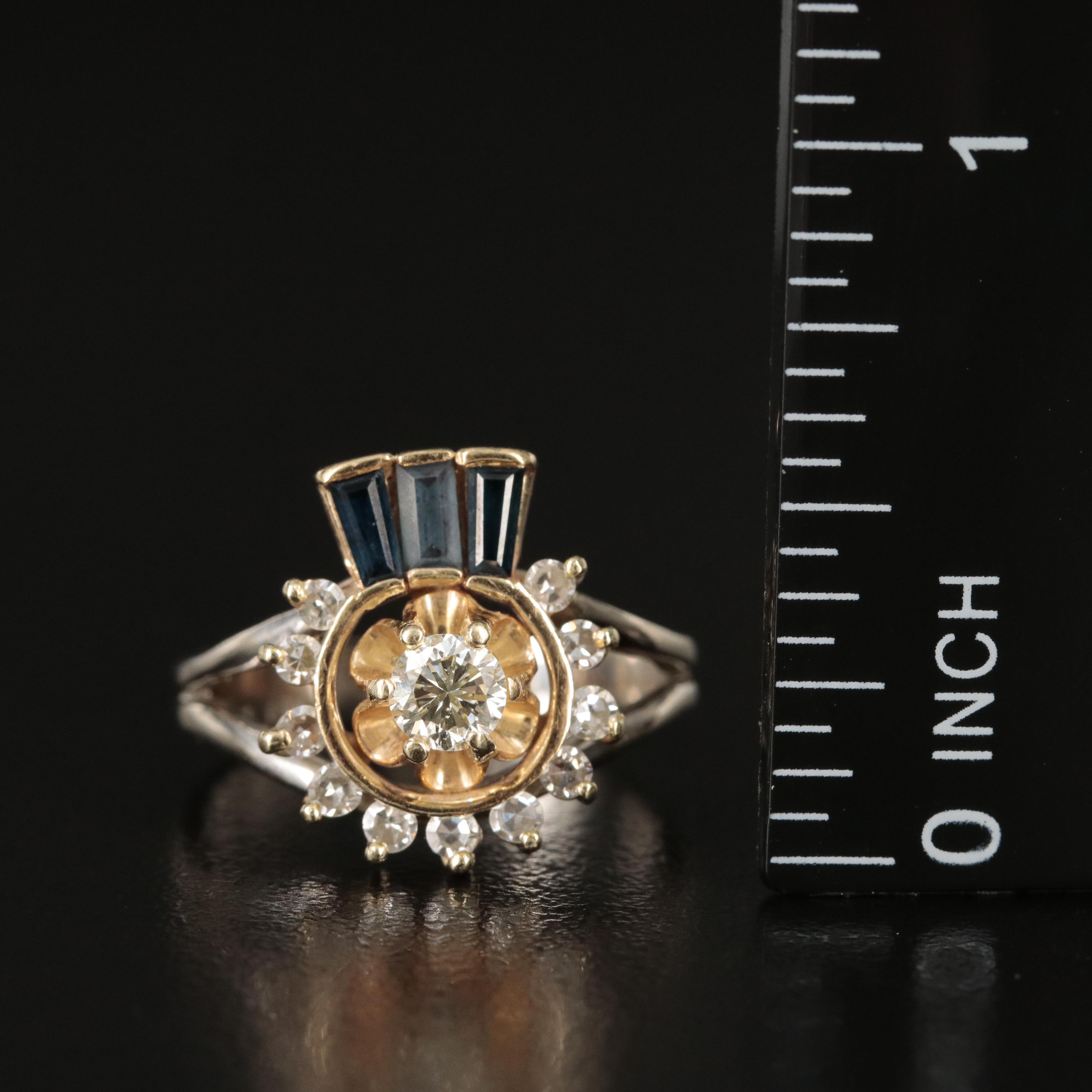14K Diamond and Sapphire Ring with Buttercup Center Setting