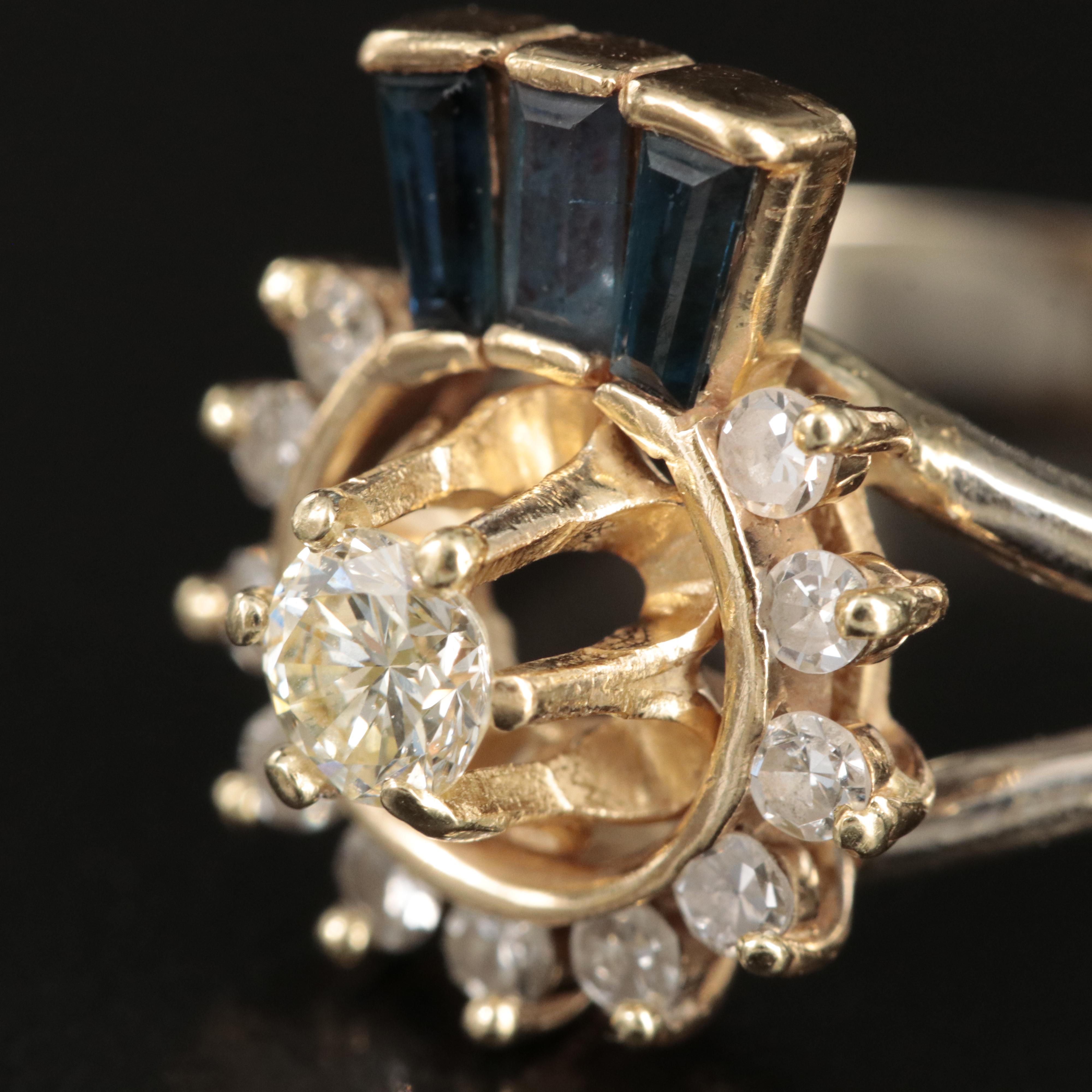 14K Diamond and Sapphire Ring with Buttercup Center Setting