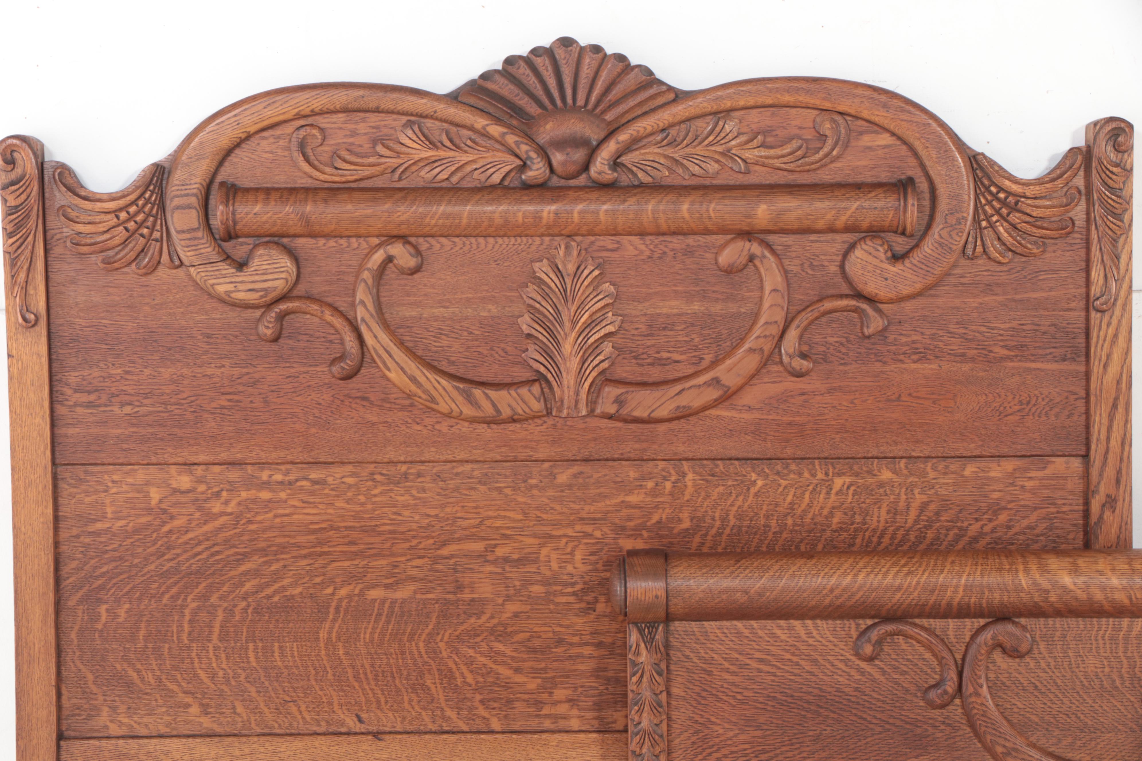 Victorian Carved Oak Full-Size Bed Frame, Early 20th Century
