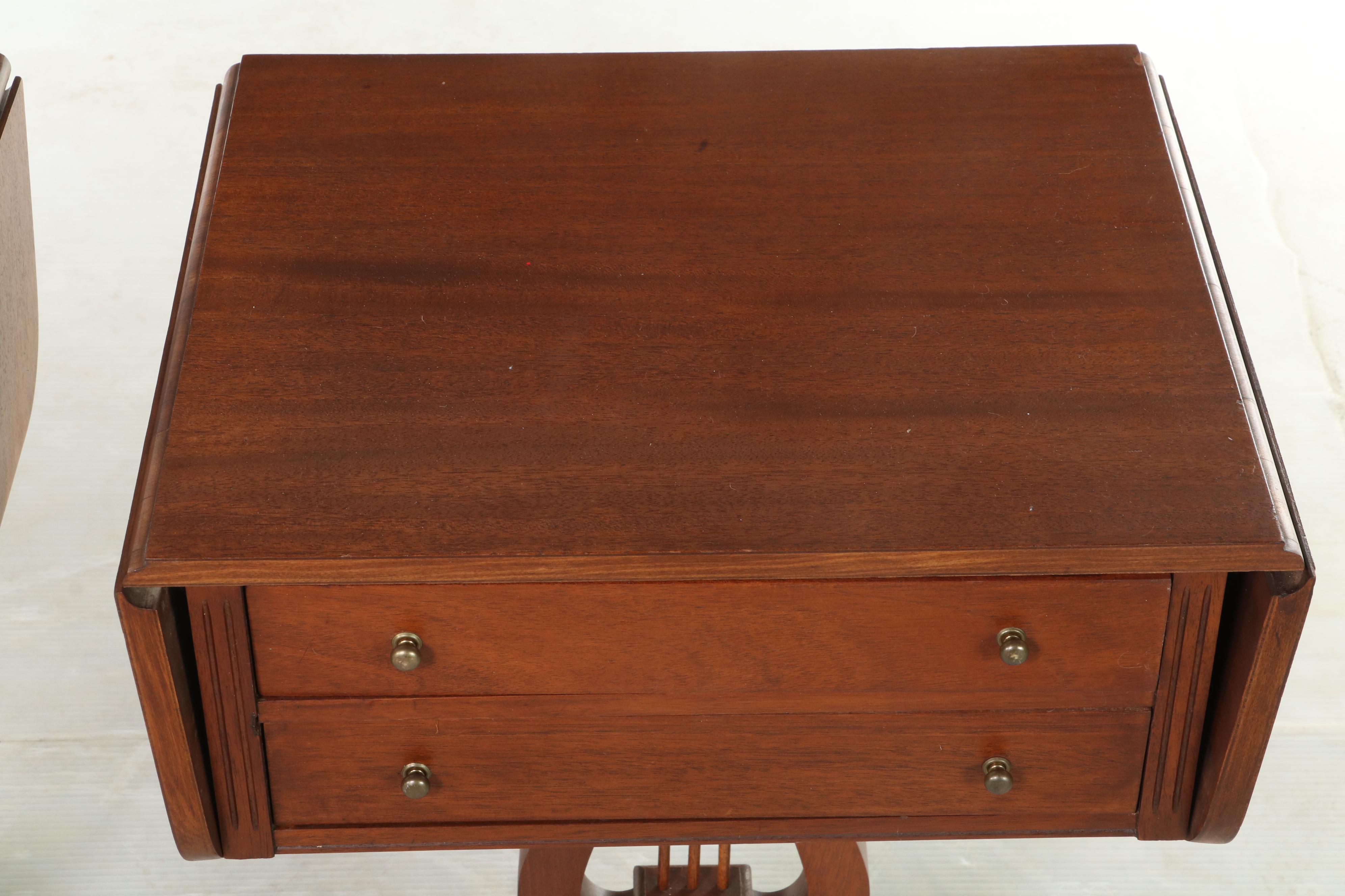 Pair of Classical Style Mahogany Drop-Leaf Lyre-Base Side Tables