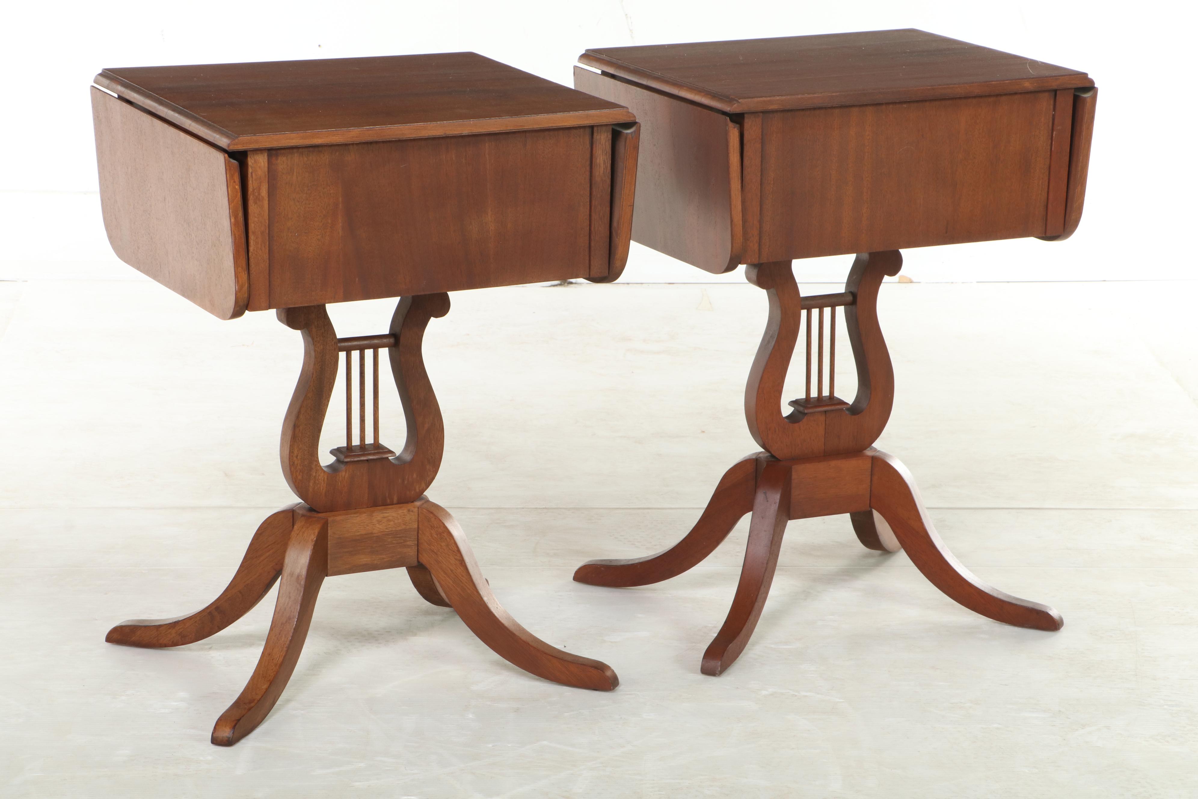 Pair of Classical Style Mahogany Drop-Leaf Lyre-Base Side Tables
