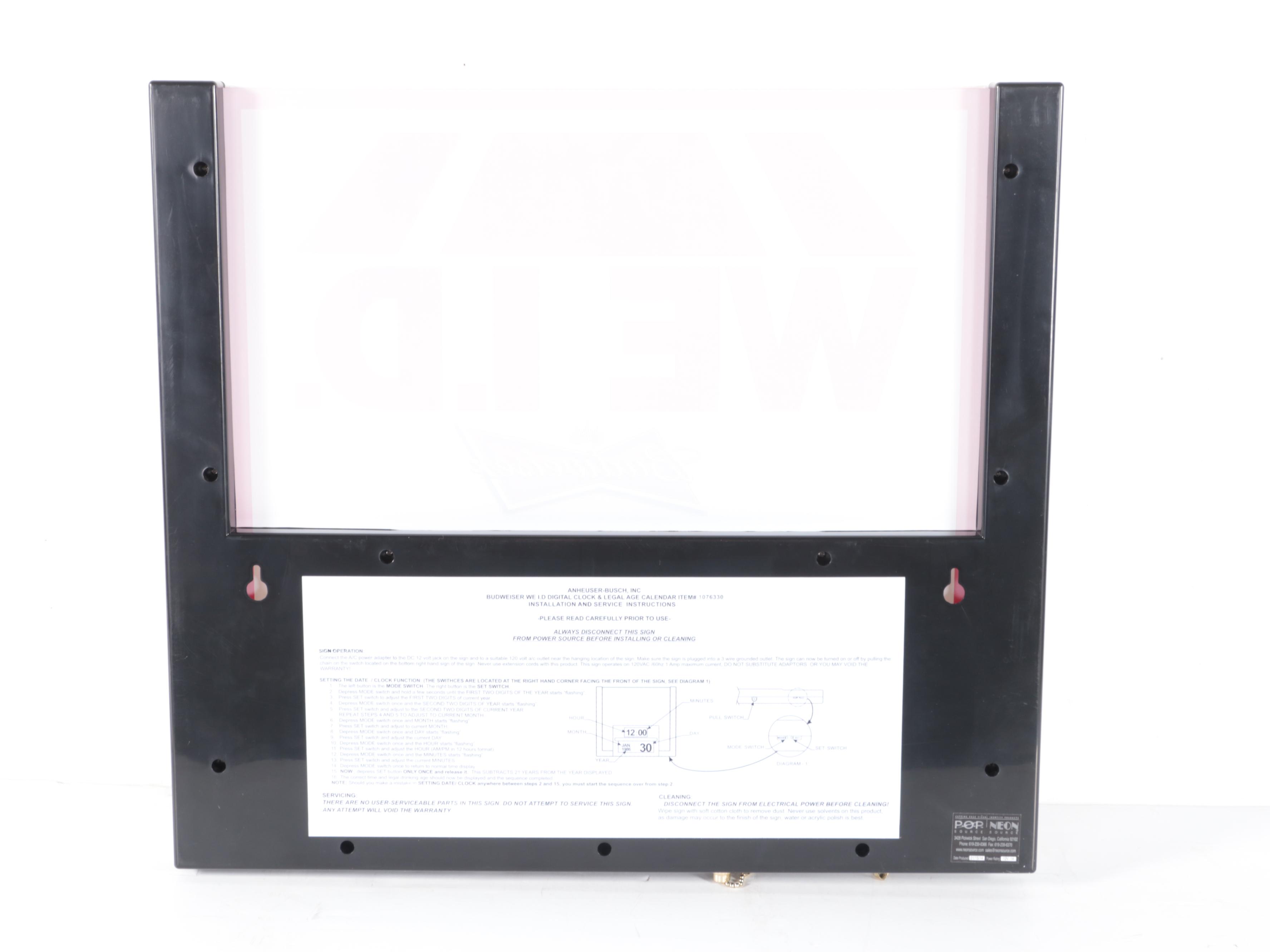 Anheuser Busch Budweiser "We I.D." Digital Clock & Legal Age Calendar Sign, 2013