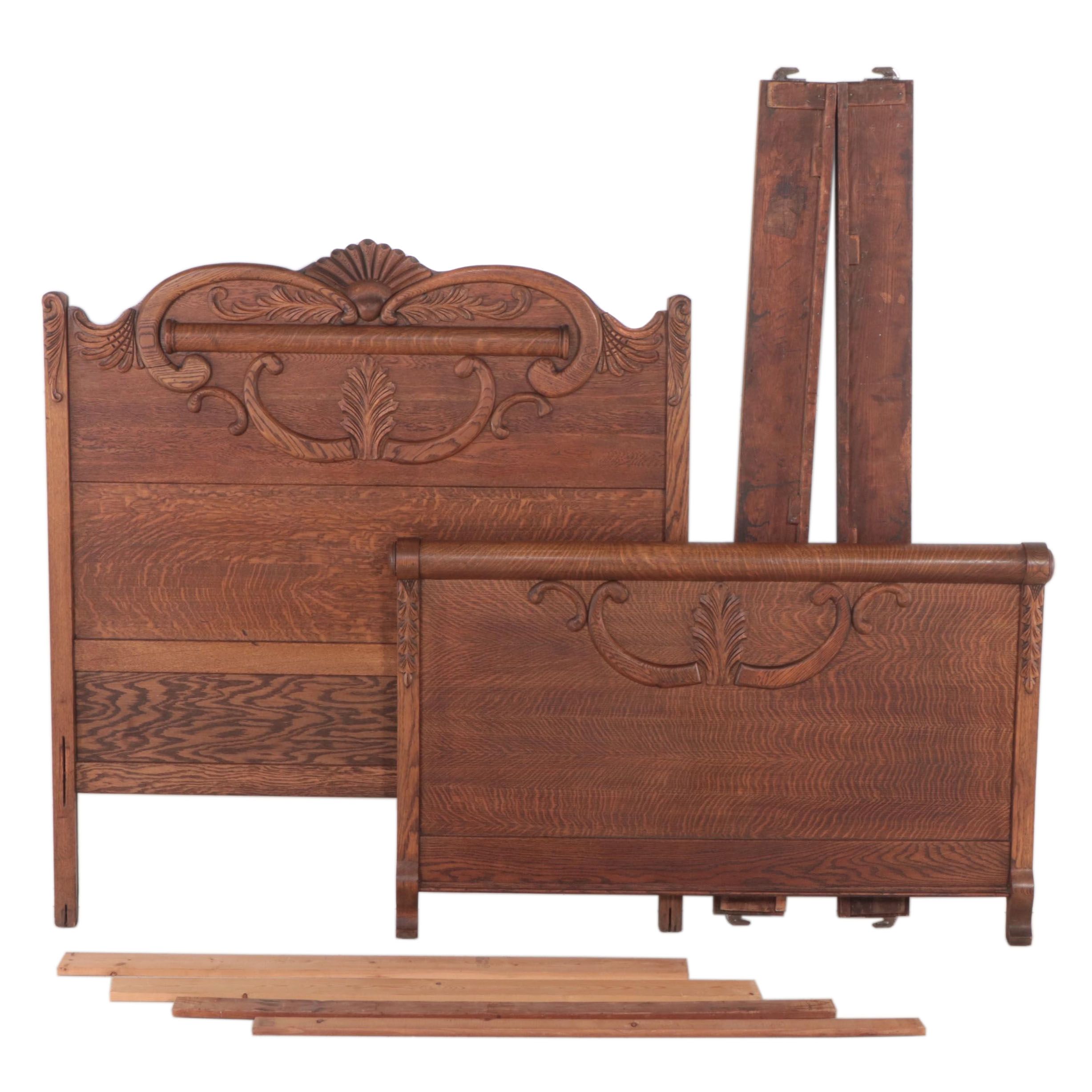Victorian Carved Oak Full-Size Bed Frame, Early 20th Century
