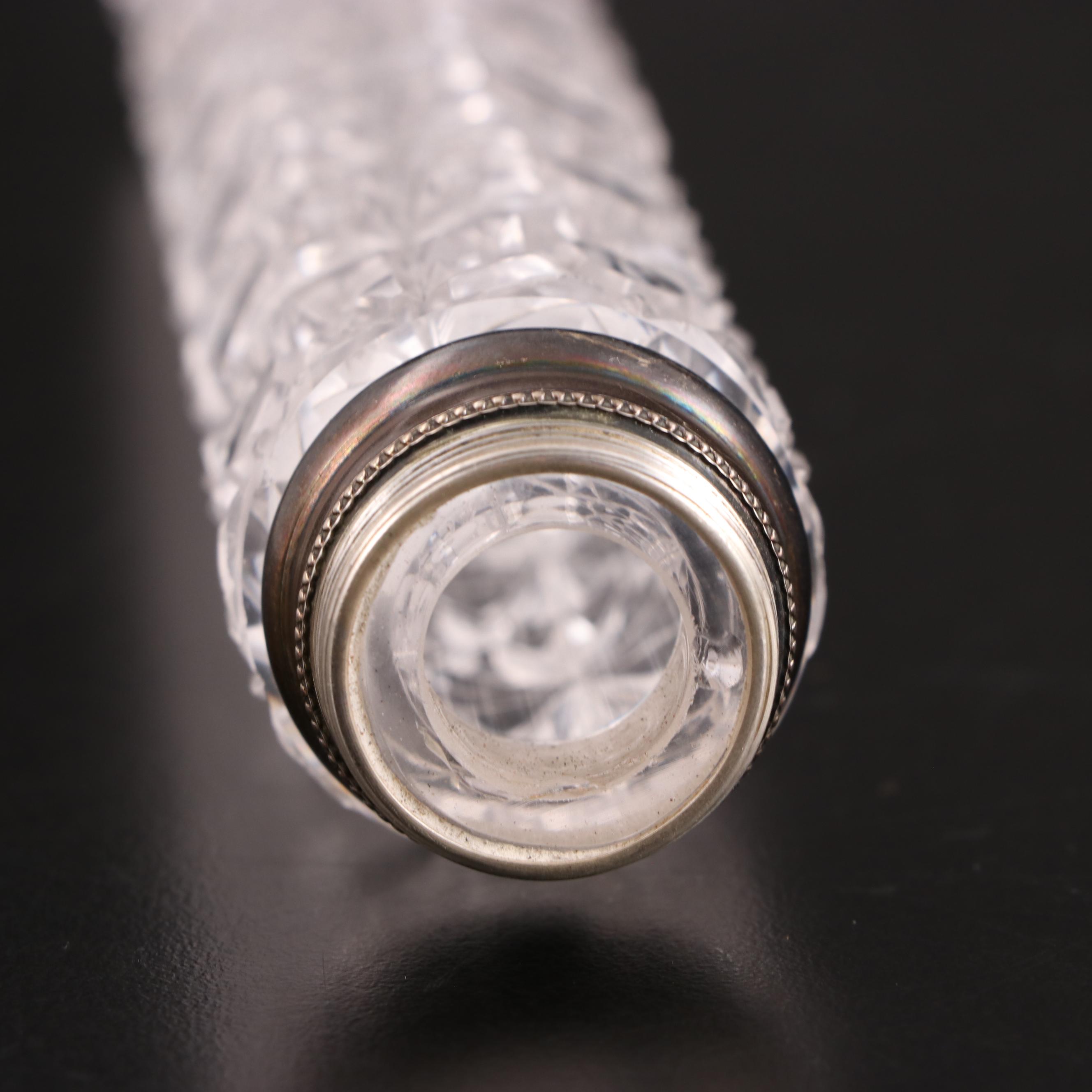 Victorian Cut Glass Cylinder Vanity Bottle with Sterling Silver Cap