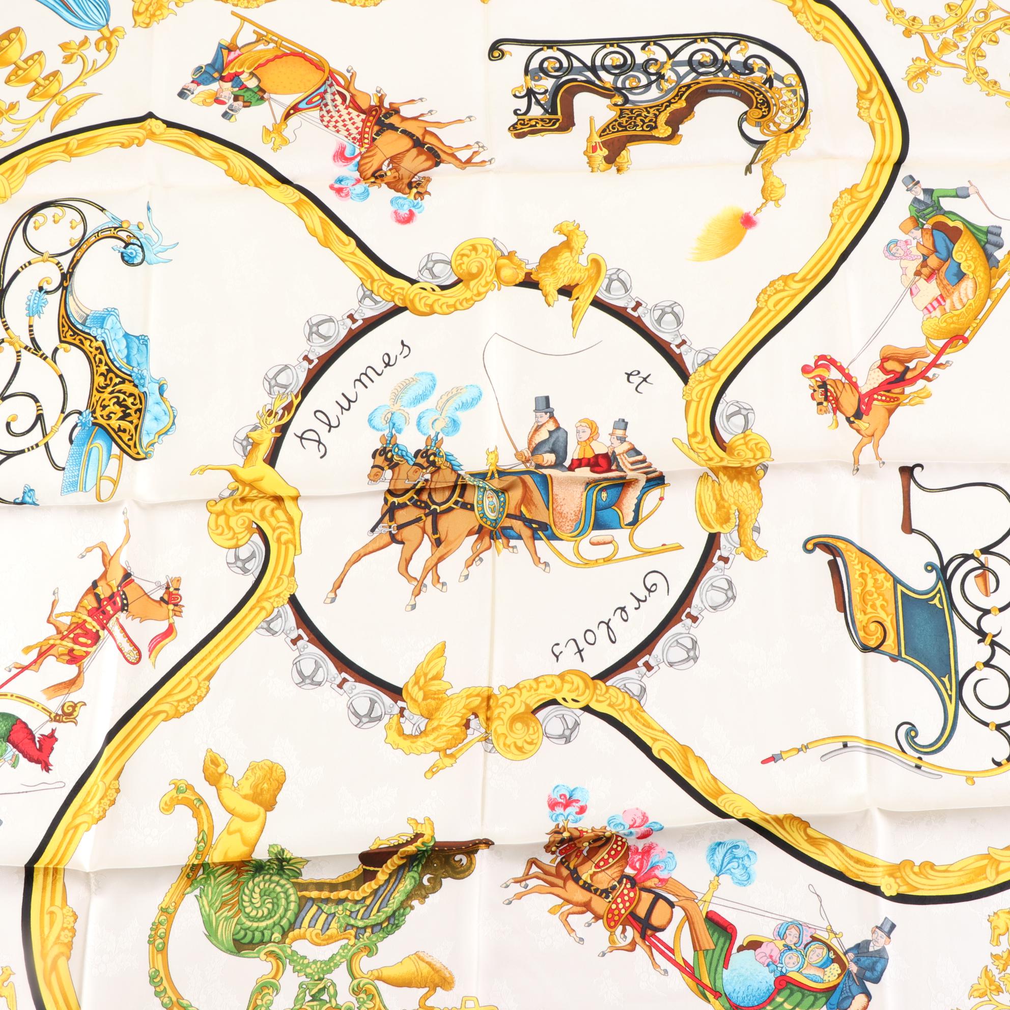 Hermès "Plumes et Grelots" Scarf 90 in Silk Jacquard Twill with Retail Sleeve