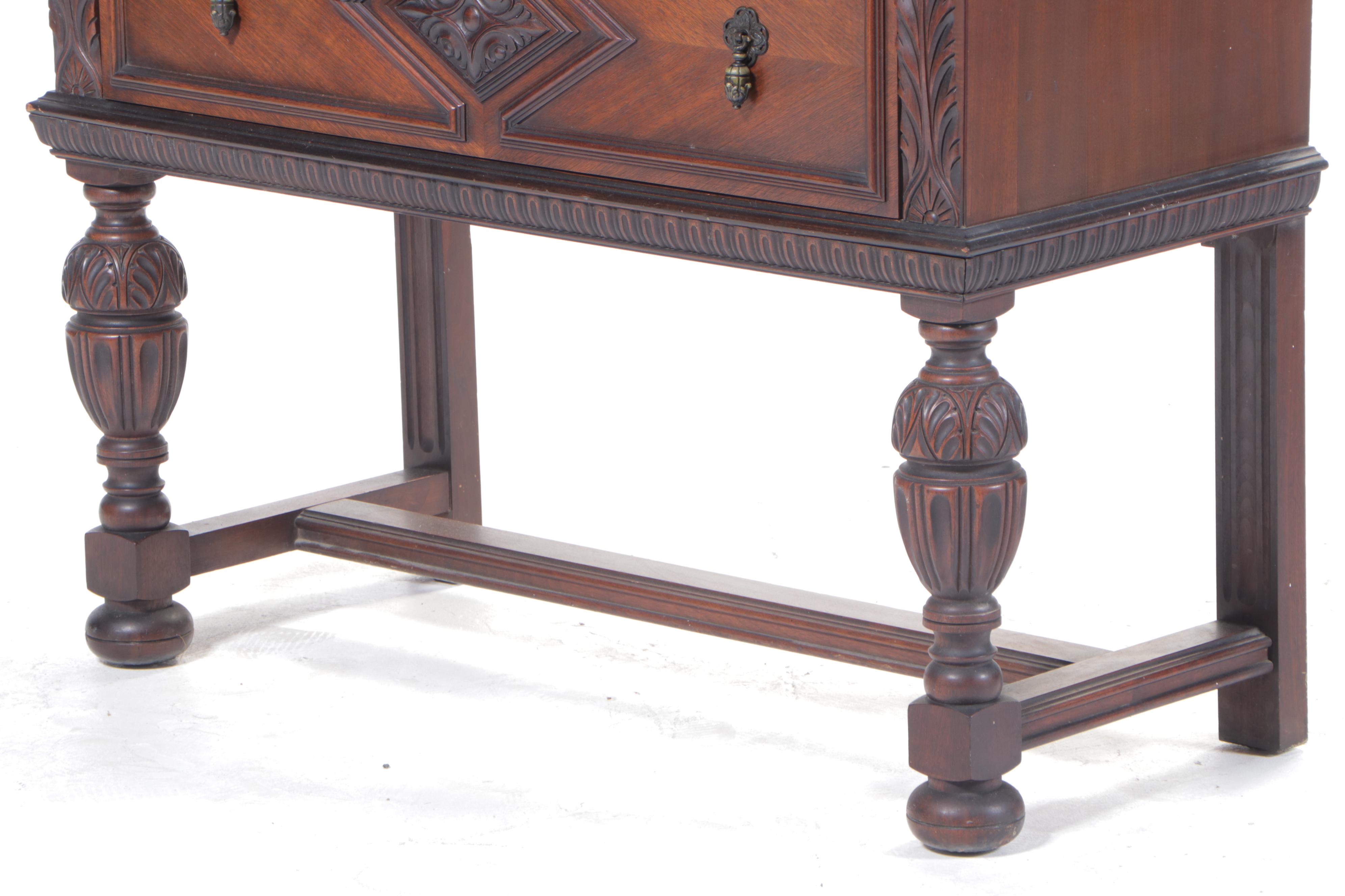 Jacobean / Tudor Style Flame Walnut China Cabinet, 1920s