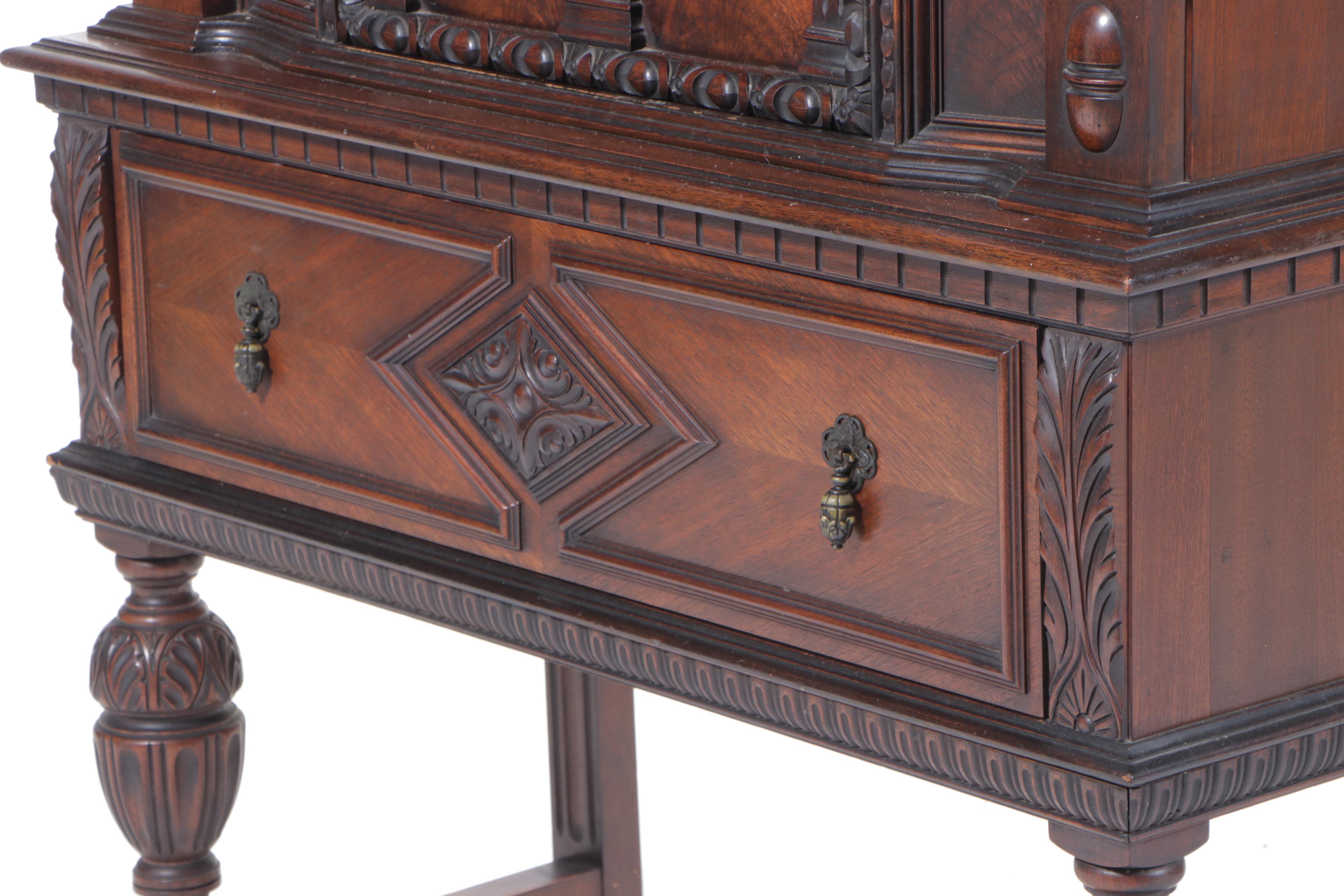 Jacobean / Tudor Style Flame Walnut China Cabinet, 1920s