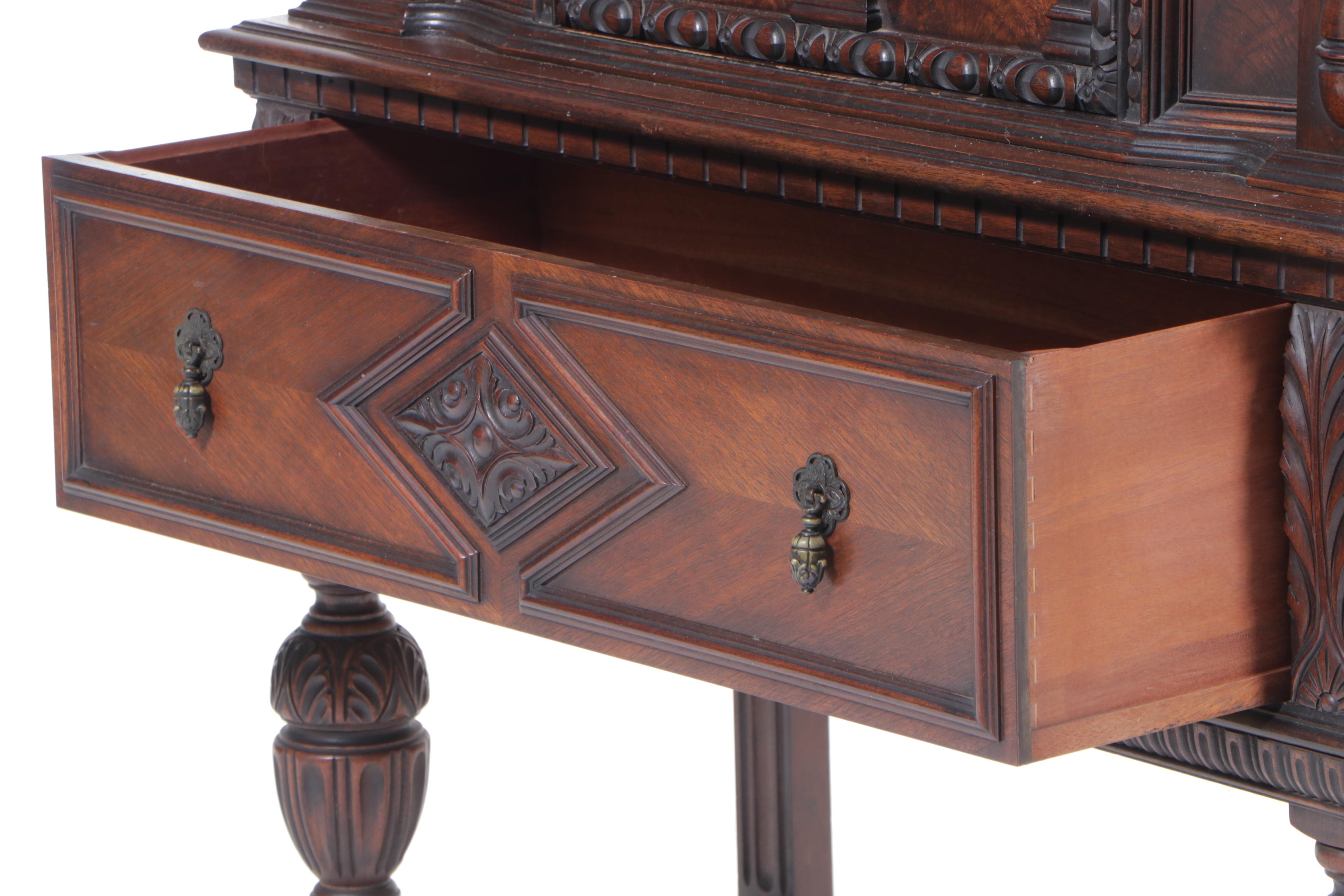 Jacobean / Tudor Style Flame Walnut China Cabinet, 1920s