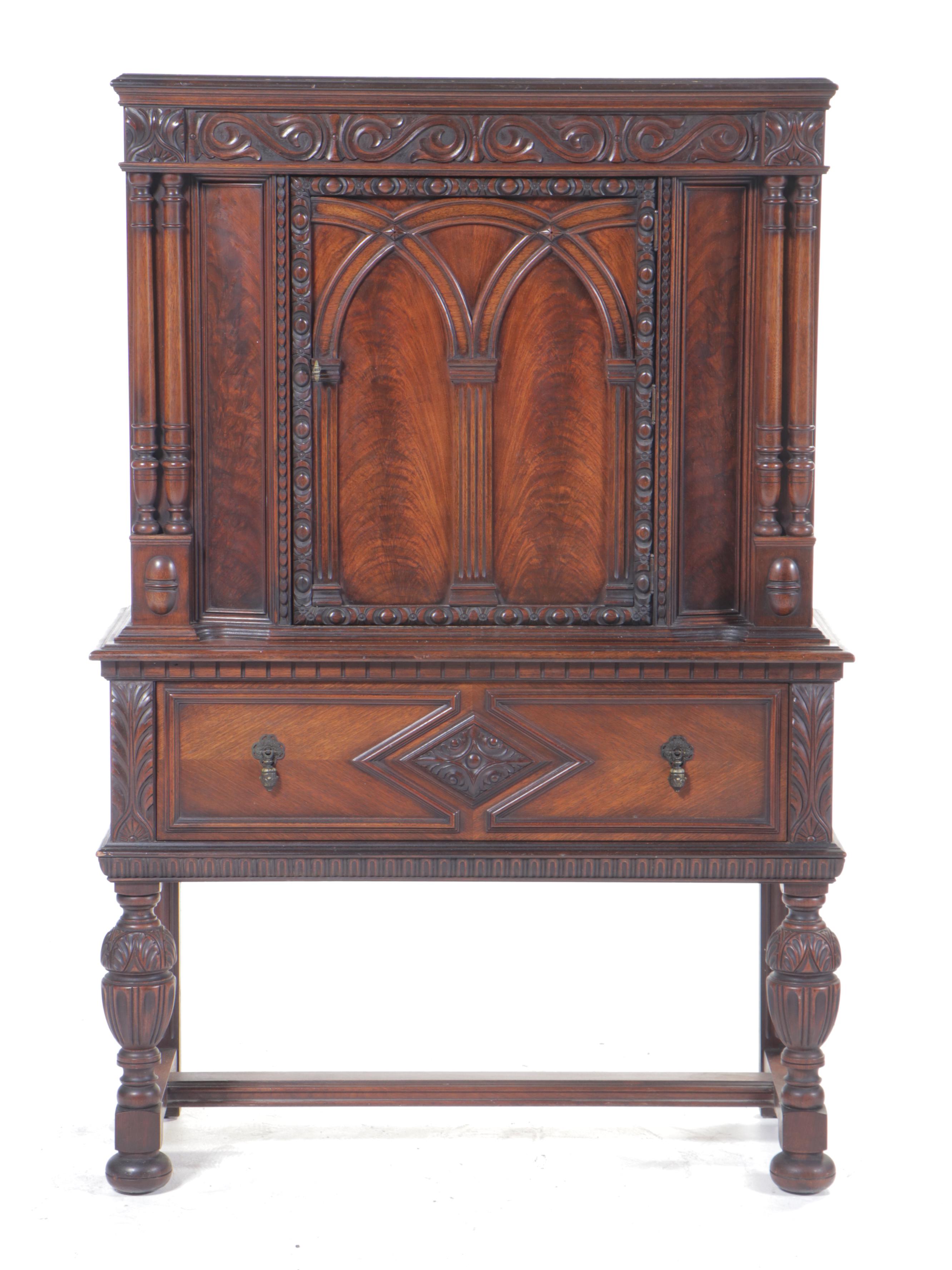 Jacobean / Tudor Style Flame Walnut China Cabinet, 1920s