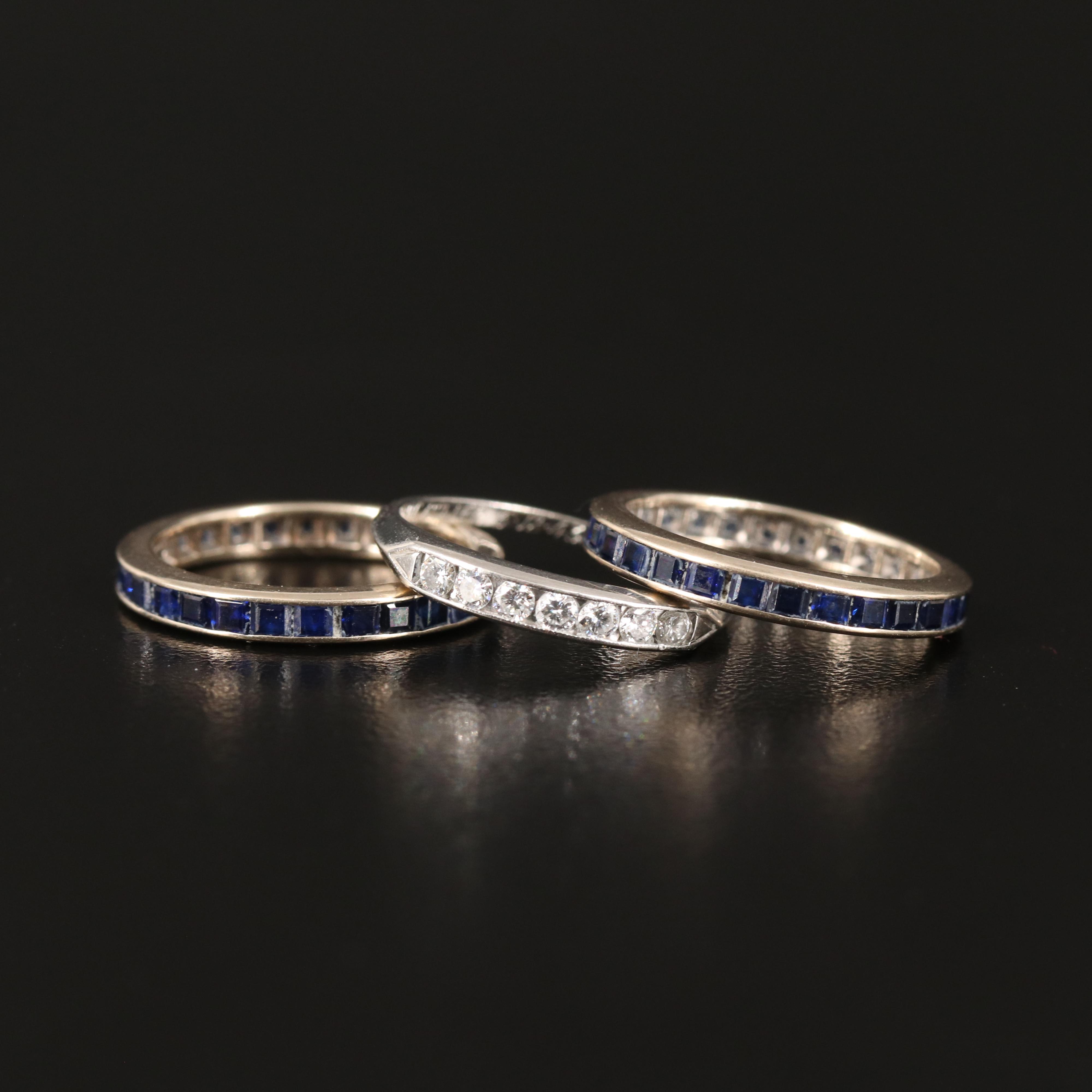 Platinum Diamond Channel Ring and 14K Sapphire Eternity Bands