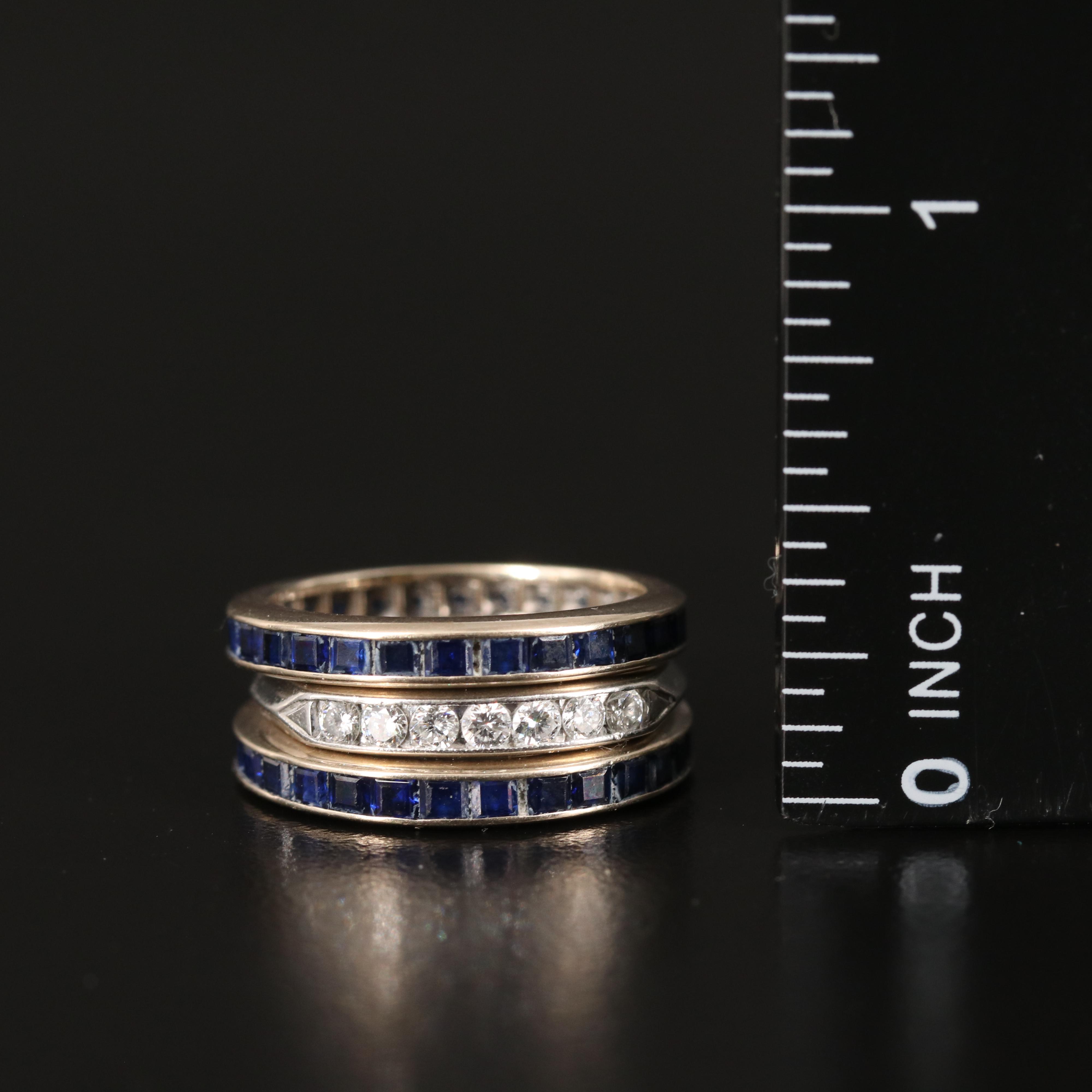 Platinum Diamond Channel Ring and 14K Sapphire Eternity Bands