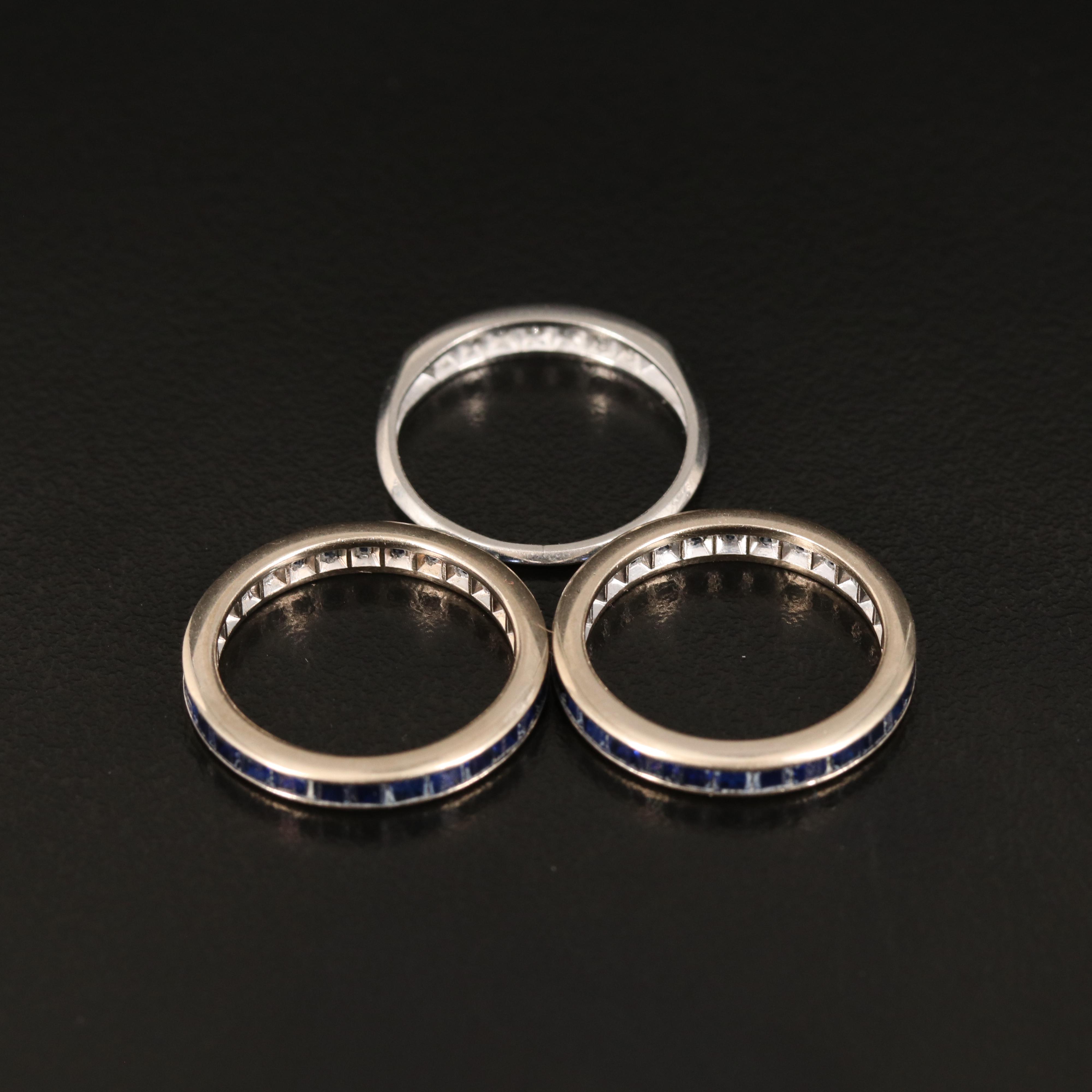Platinum Diamond Channel Ring and 14K Sapphire Eternity Bands