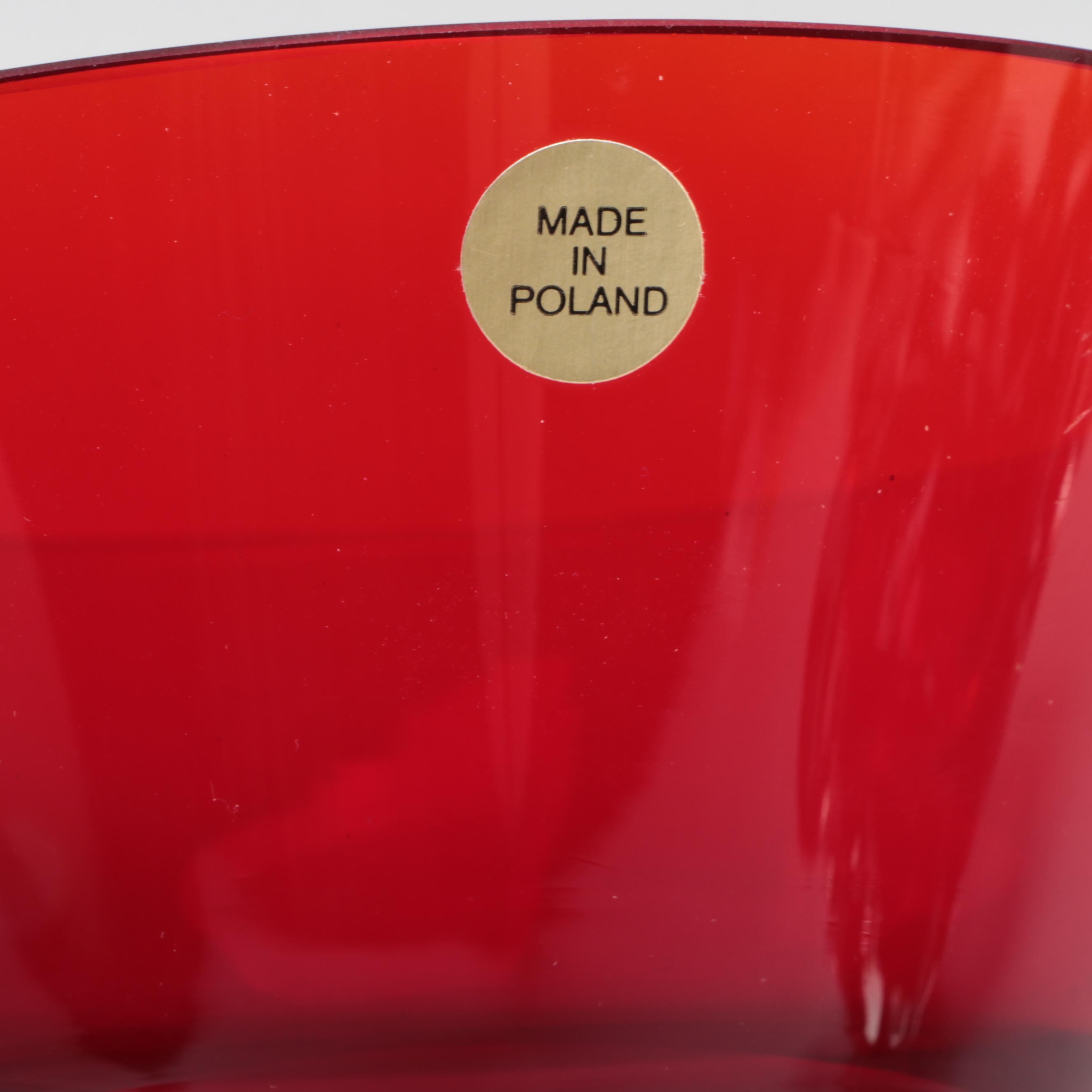 Blown Art Glass Nailsea Red and White Feather Vase with Red Glass Bowls