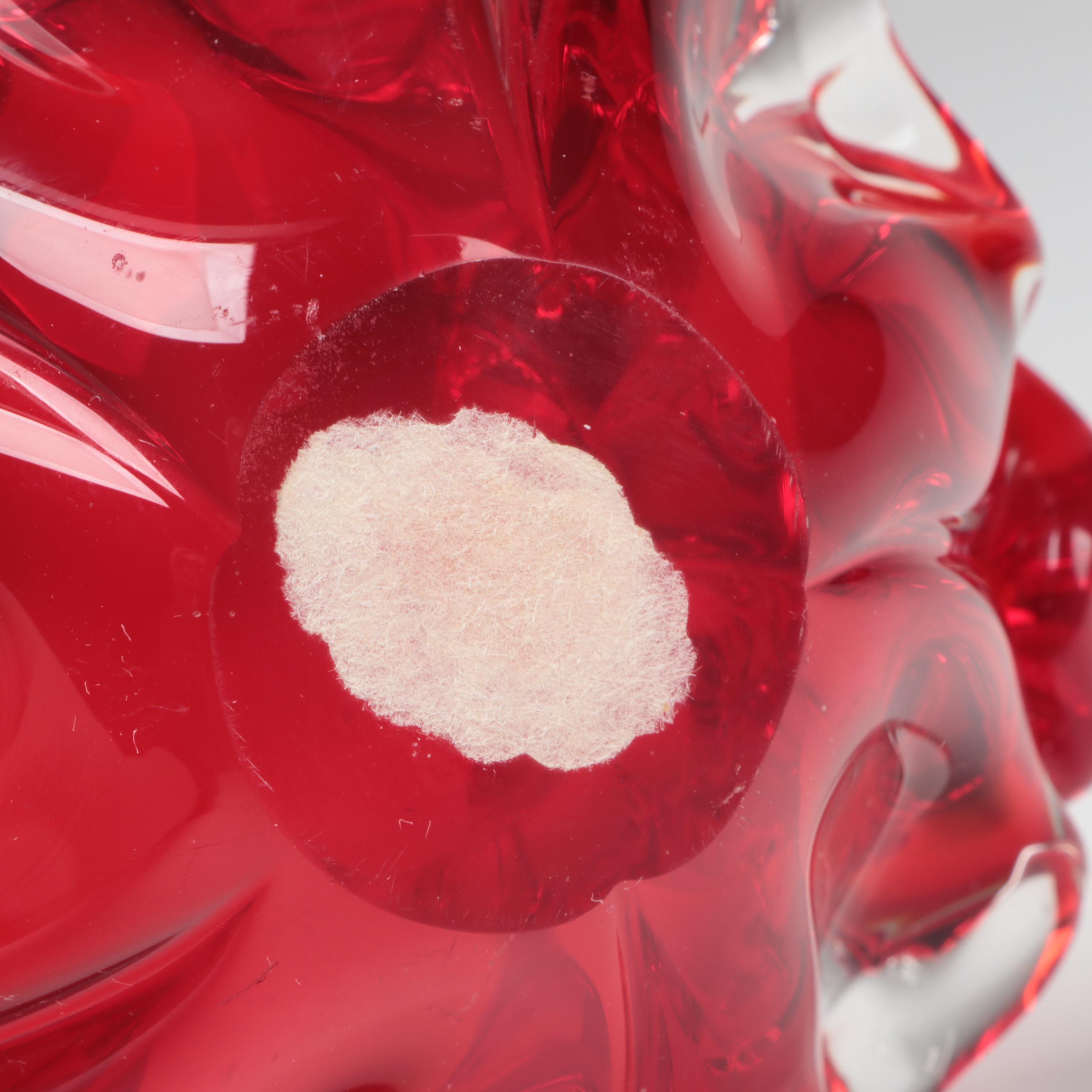 Blown Art Glass Nailsea Red and White Feather Vase with Red Glass Bowls