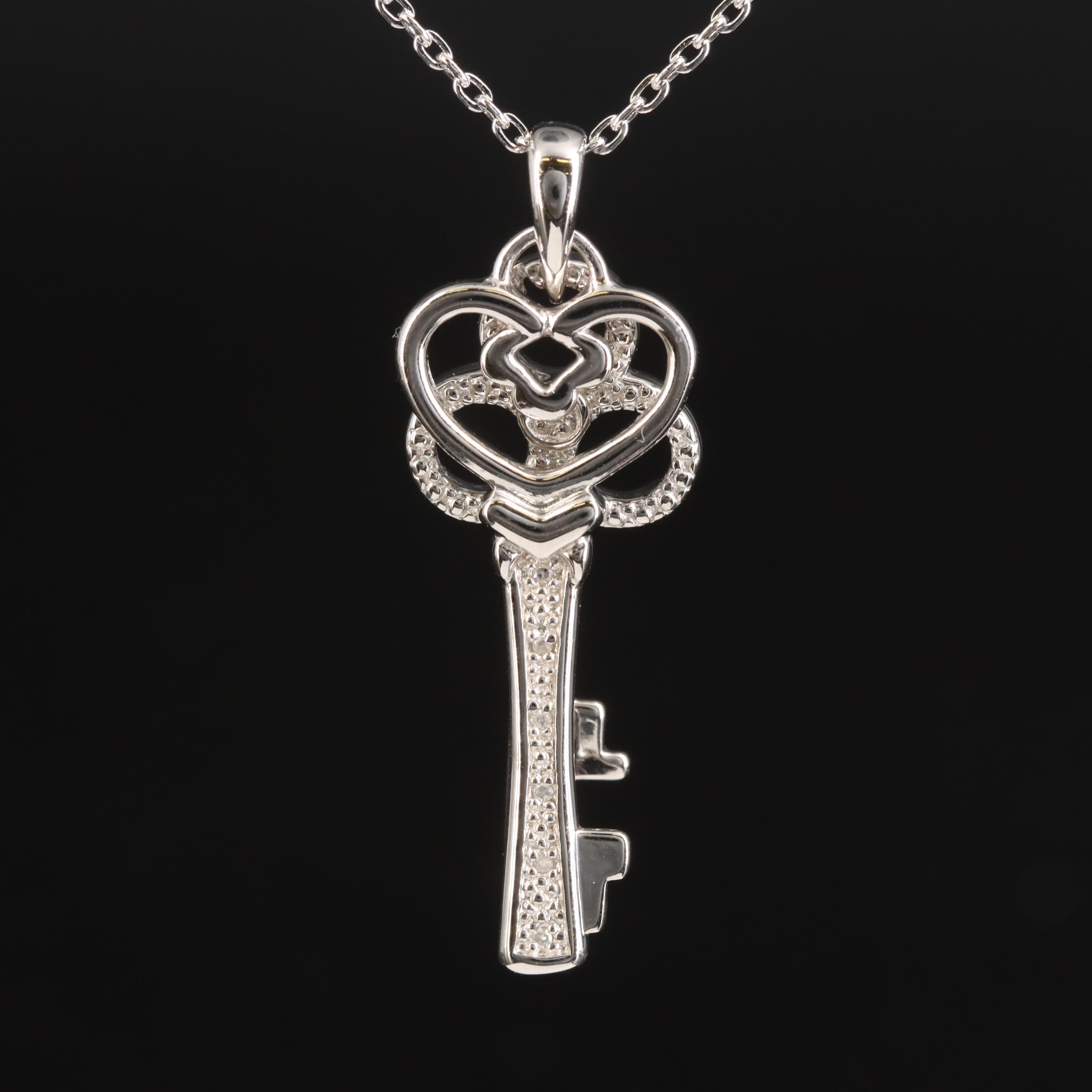 Sterling Diamond Double Skeleton Key Pendant Necklace