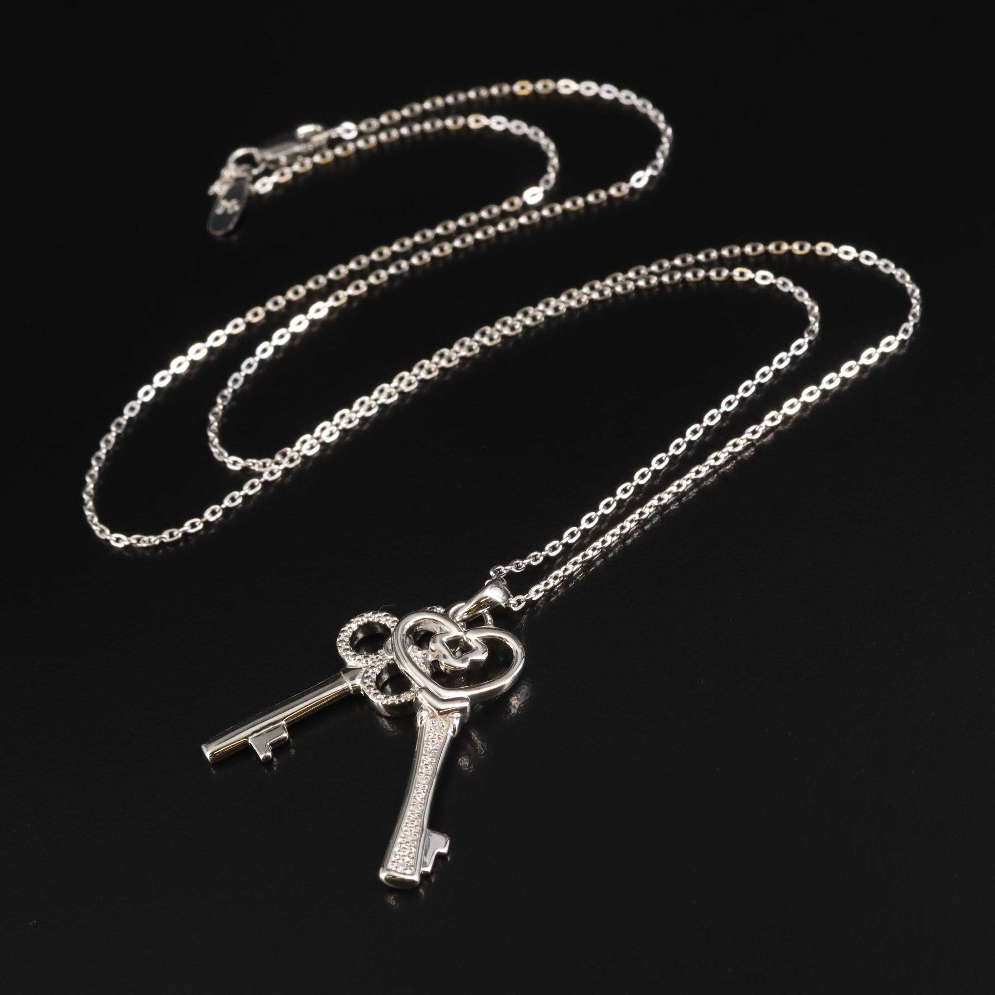 Sterling Diamond Double Skeleton Key Pendant Necklace