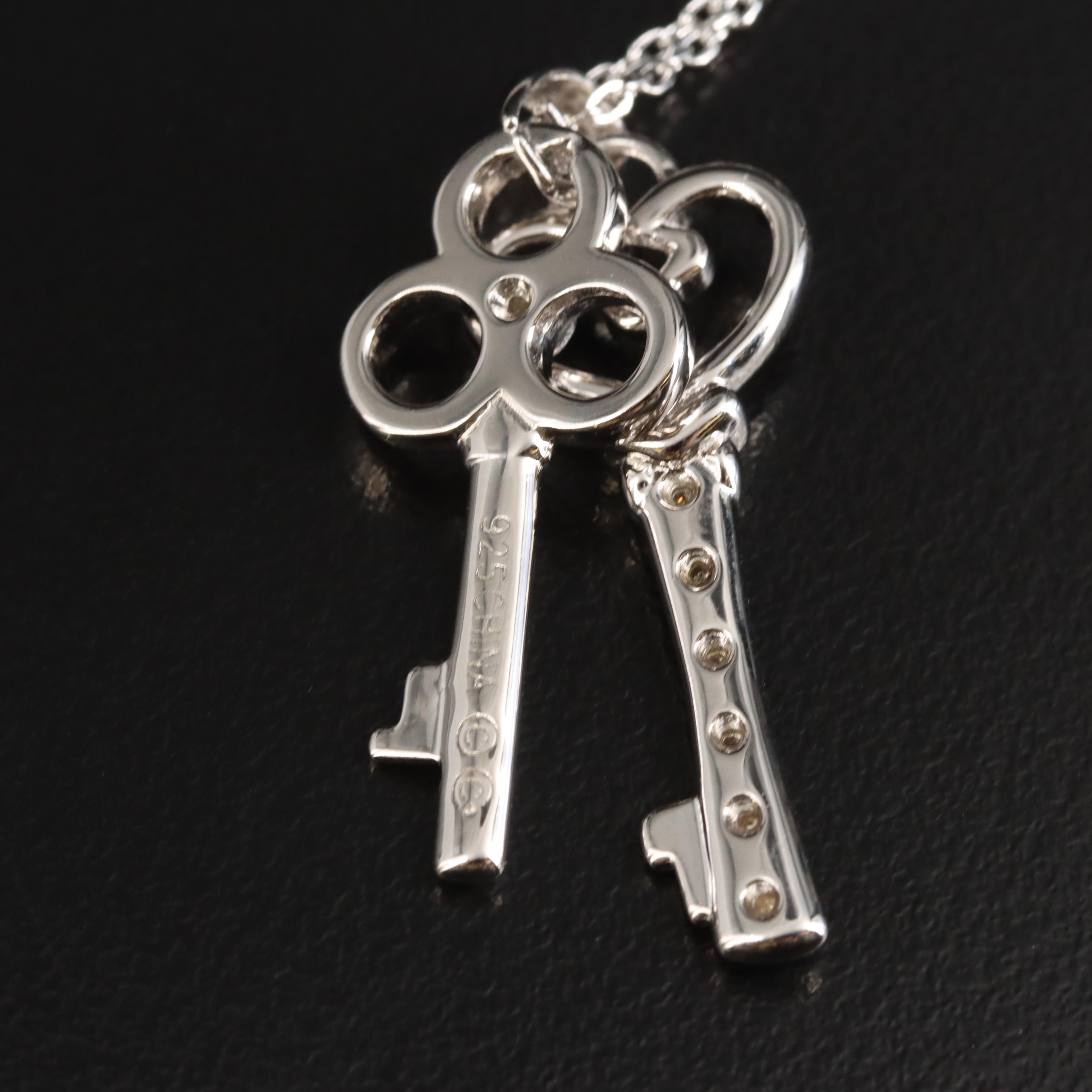 Sterling Diamond Double Skeleton Key Pendant Necklace