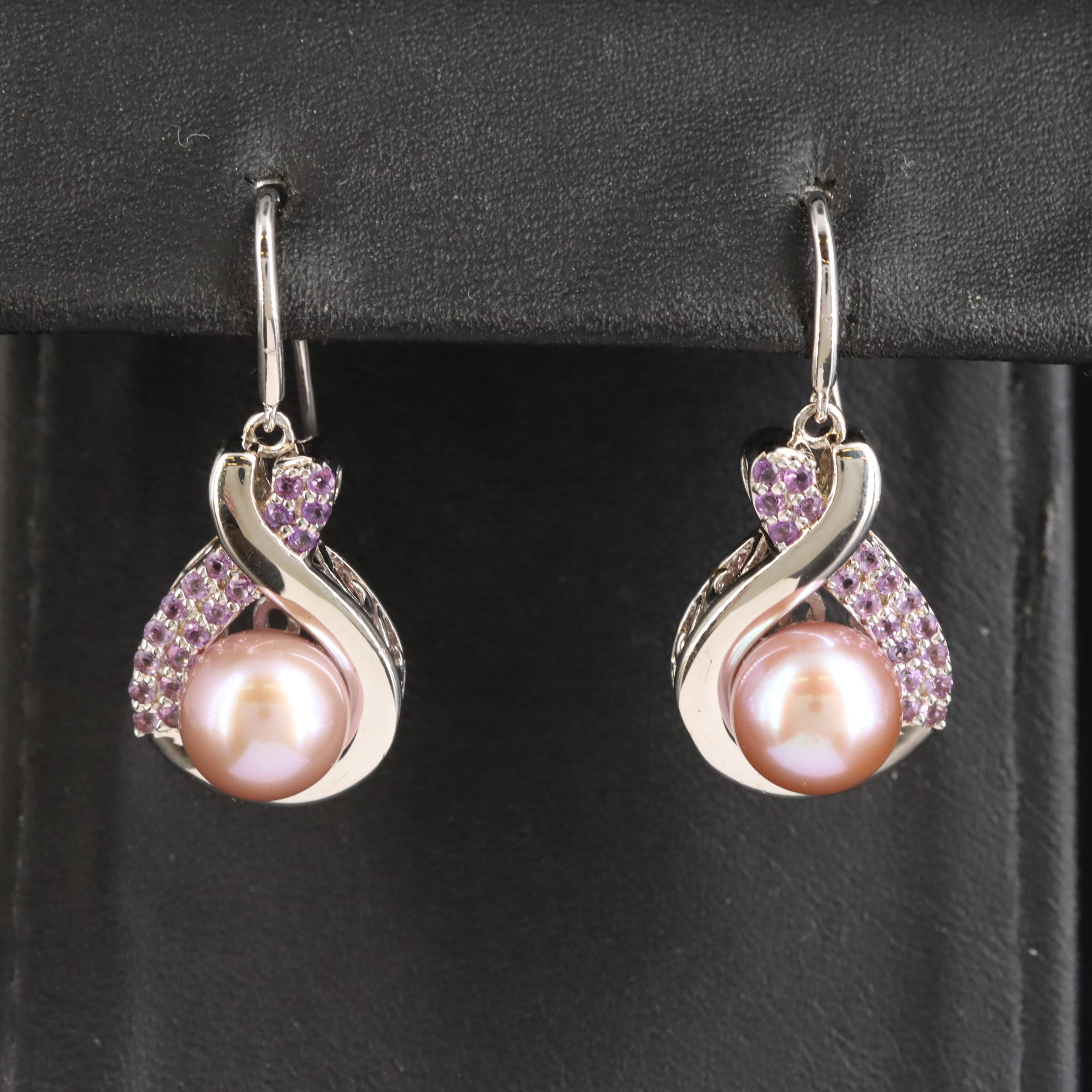 Sterling Pearl and Amethyst Earrings