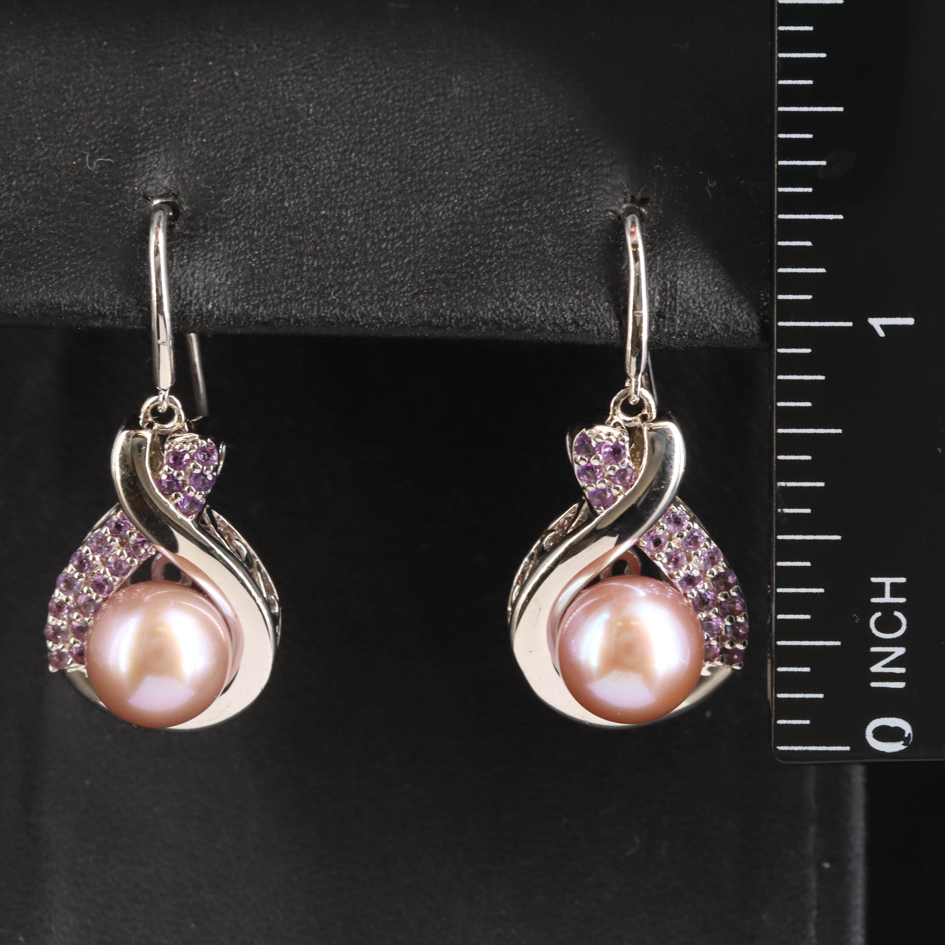 Sterling Pearl and Amethyst Earrings