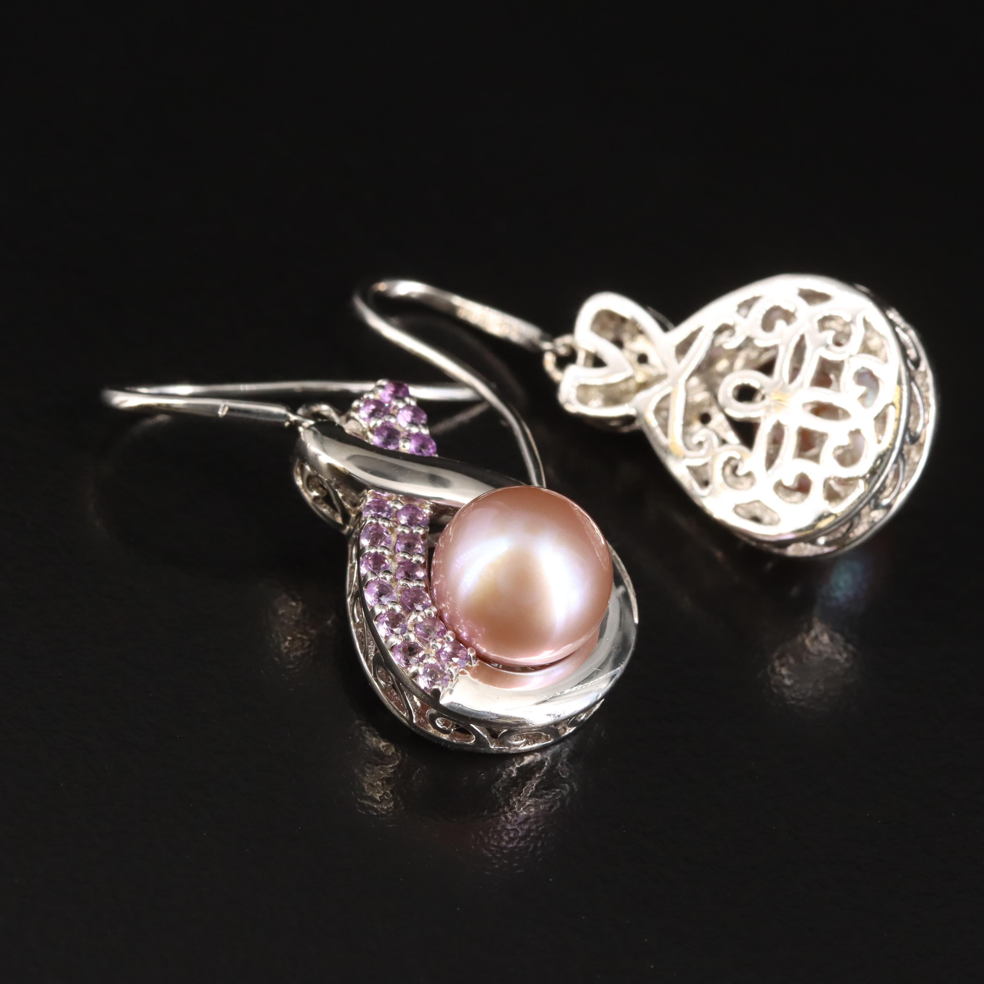 Sterling Pearl and Amethyst Earrings