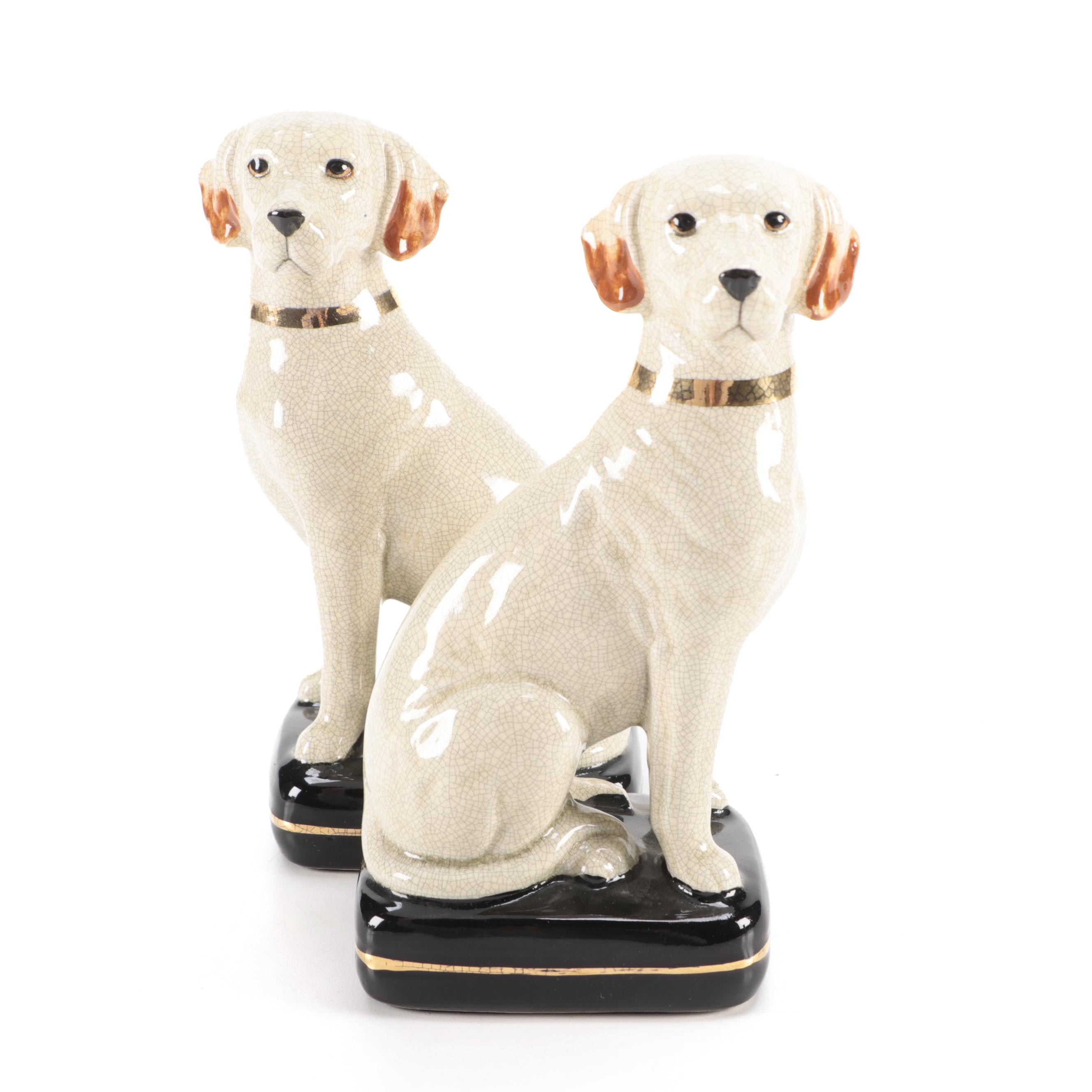 Pair of Takahashi Crackle Glaze Porcelain Labrador Figurines, Mid to Late 20th C