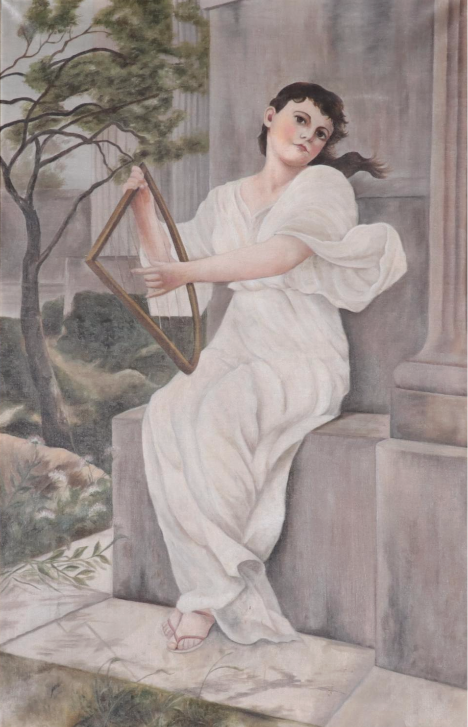 Oil Painting of Woman Playing Harp