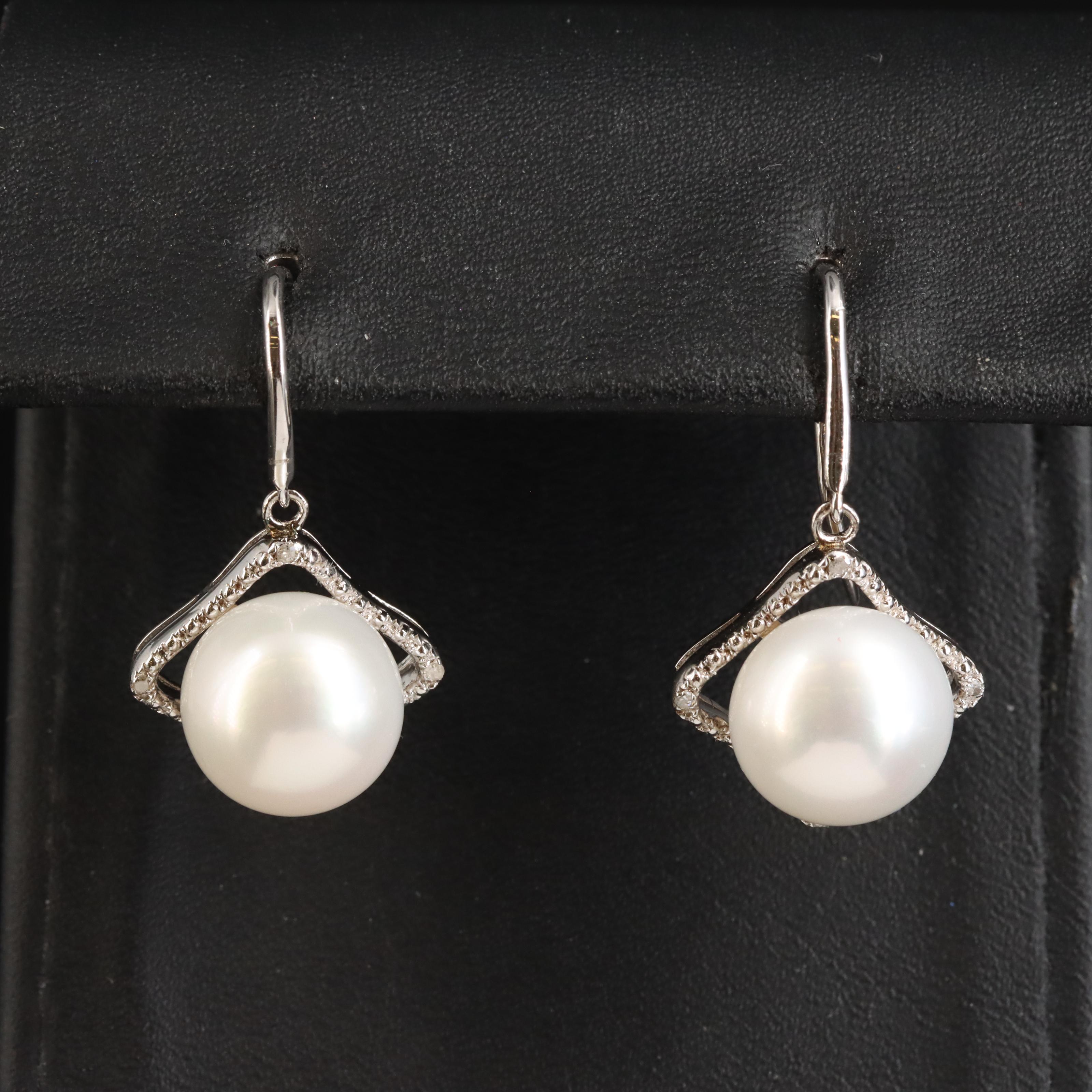 Sterling Pearl and Diamond Earrings