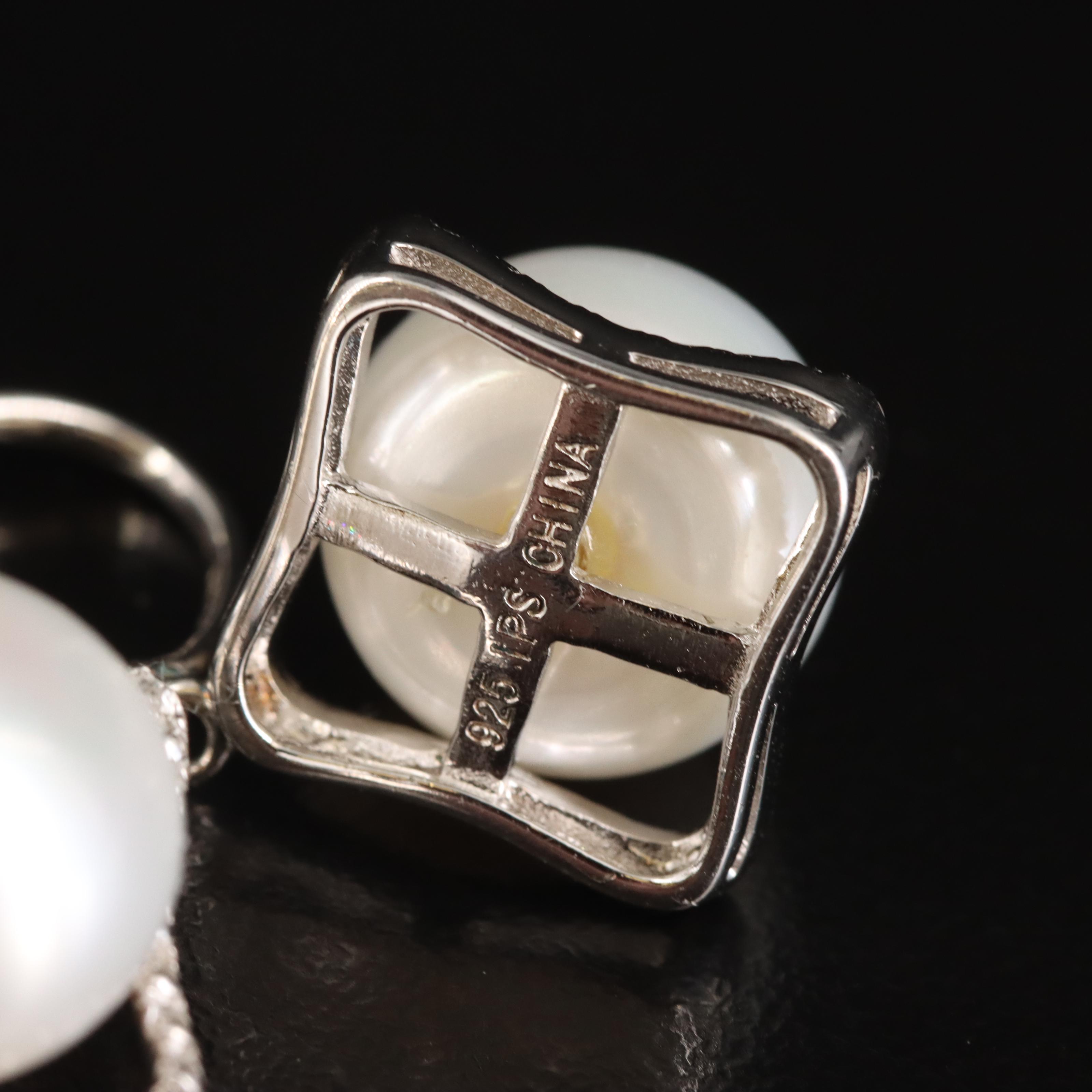 Sterling Pearl and Diamond Earrings