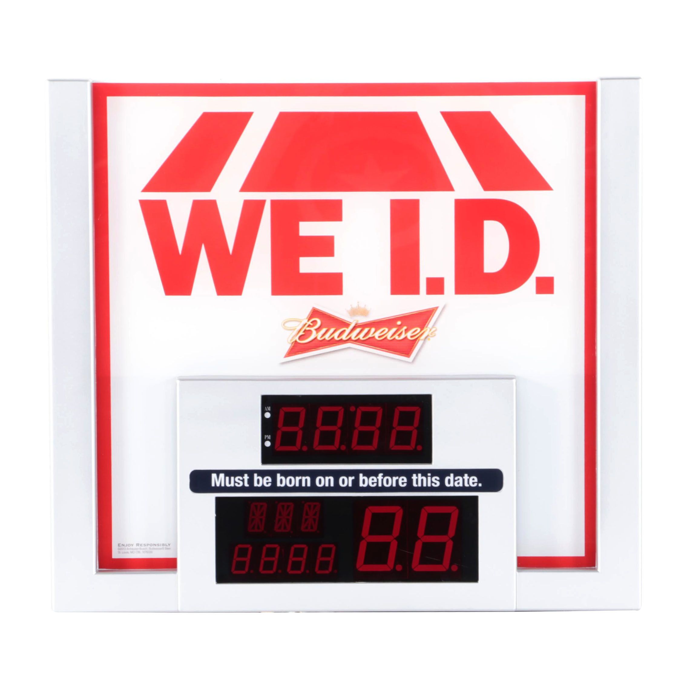 Anheuser Busch Budweiser "We I.D." Digital Clock & Legal Age Calendar Sign, 2013