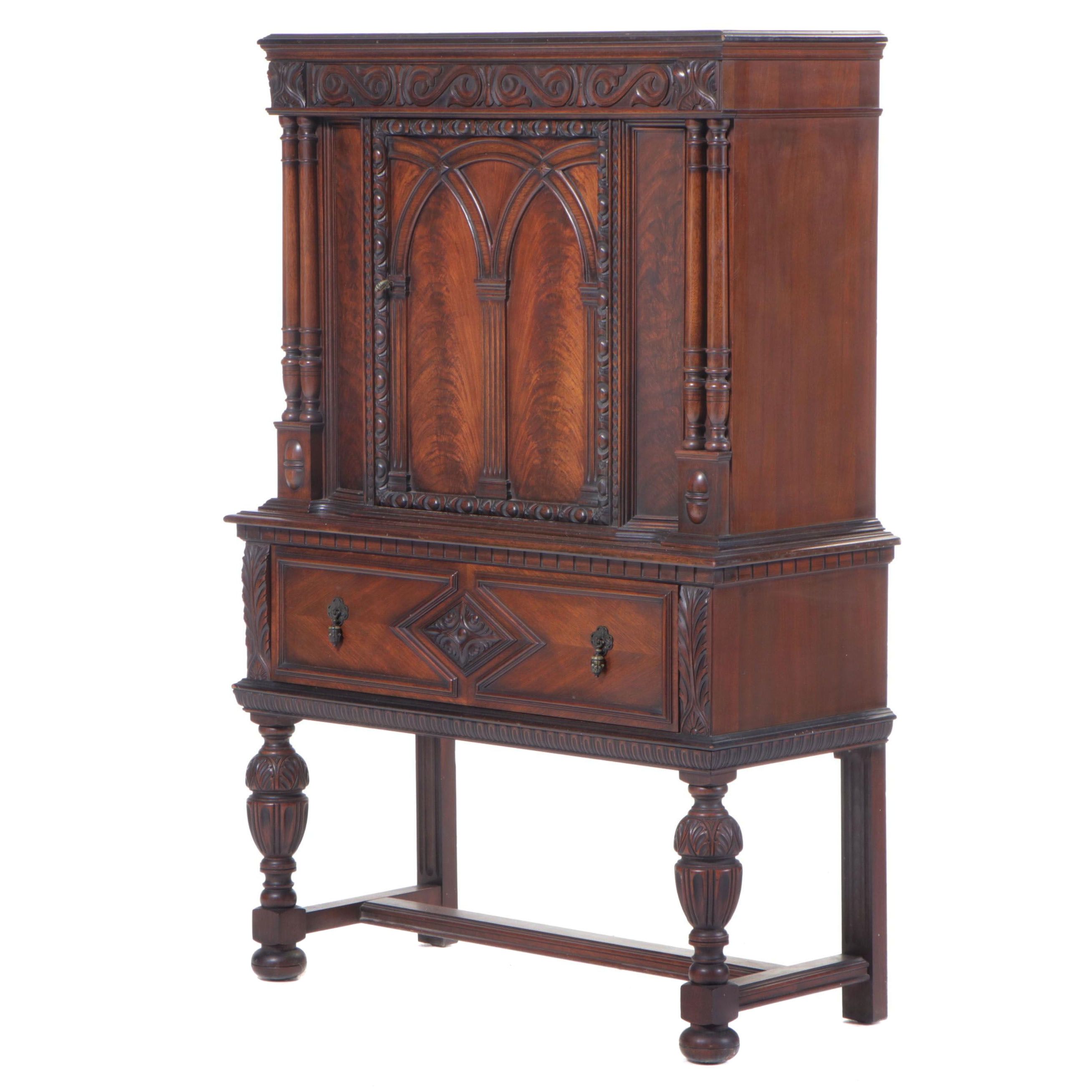 Jacobean / Tudor Style Flame Walnut China Cabinet, 1920s
