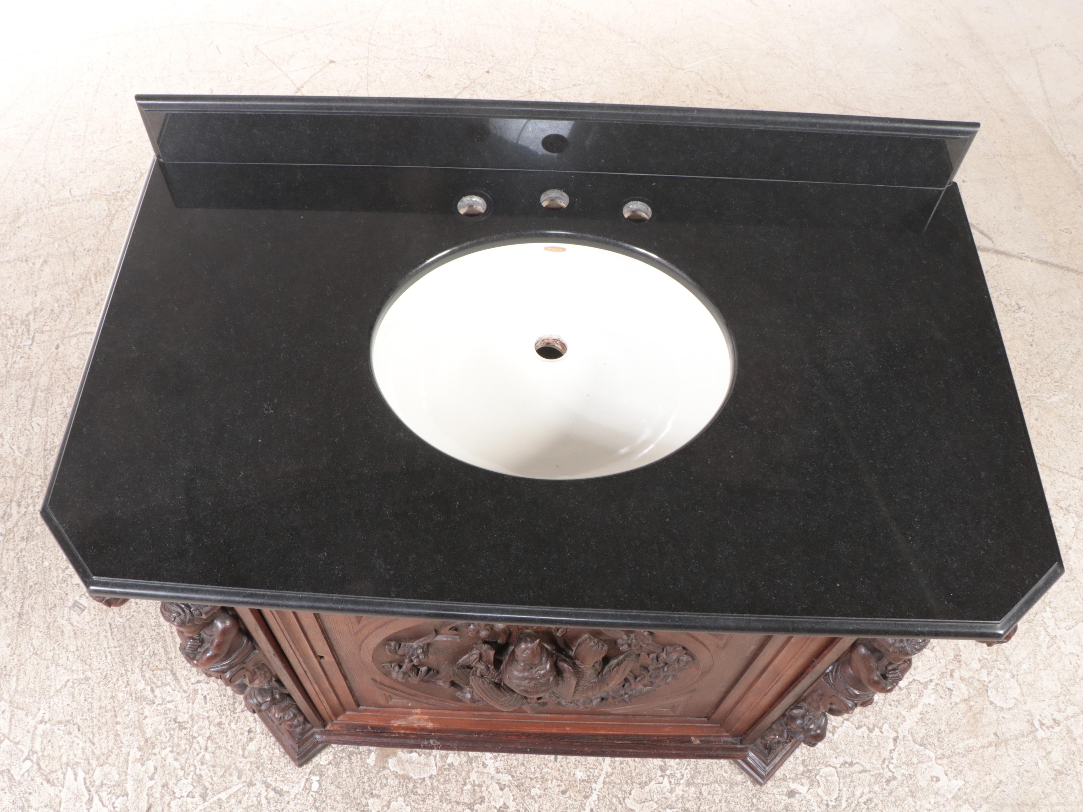 Renaissance Revival Carved Oak and Polished Stone Bathroom Vanity, Adapted