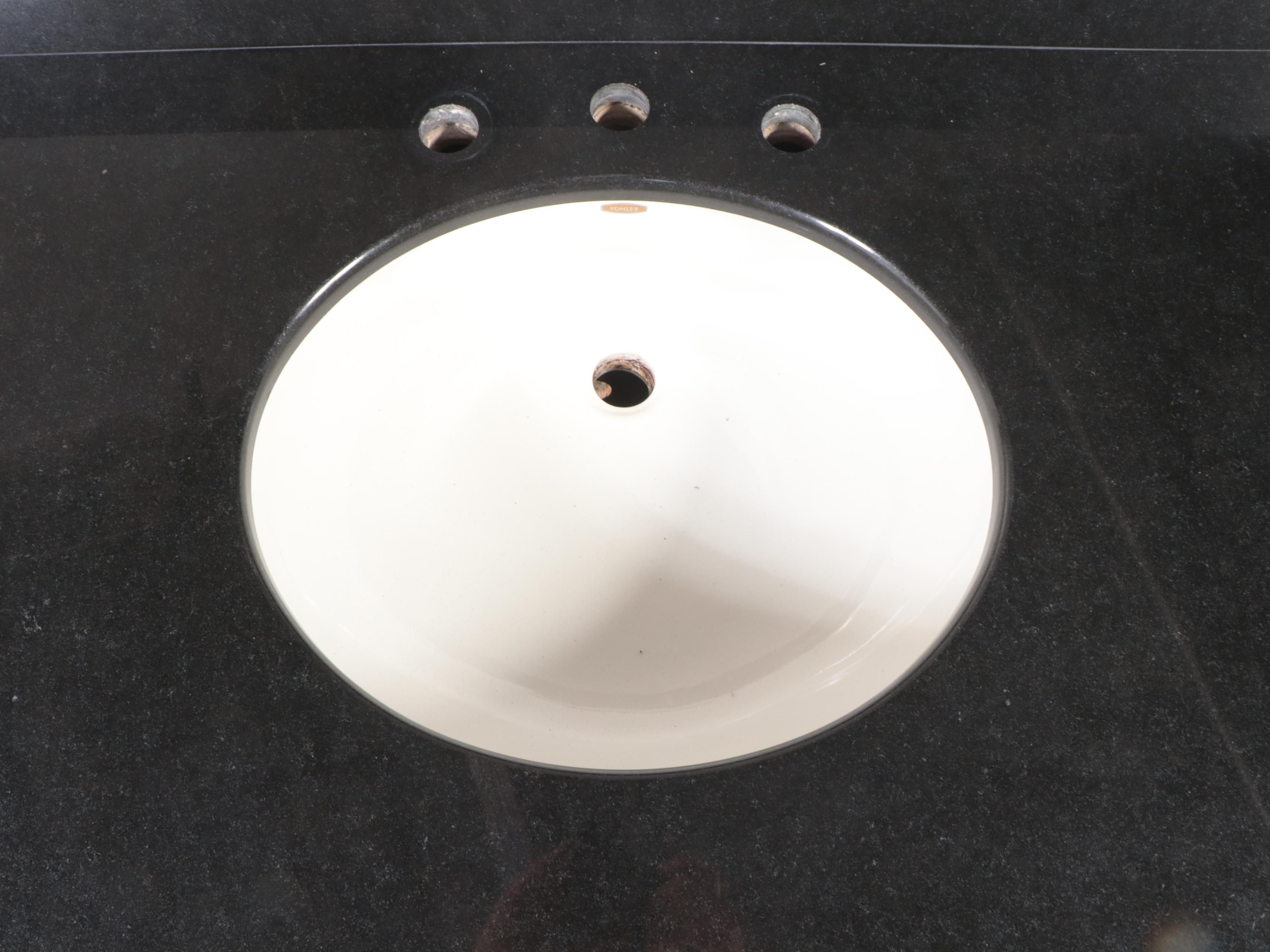 Renaissance Revival Carved Oak and Polished Stone Bathroom Vanity, Adapted