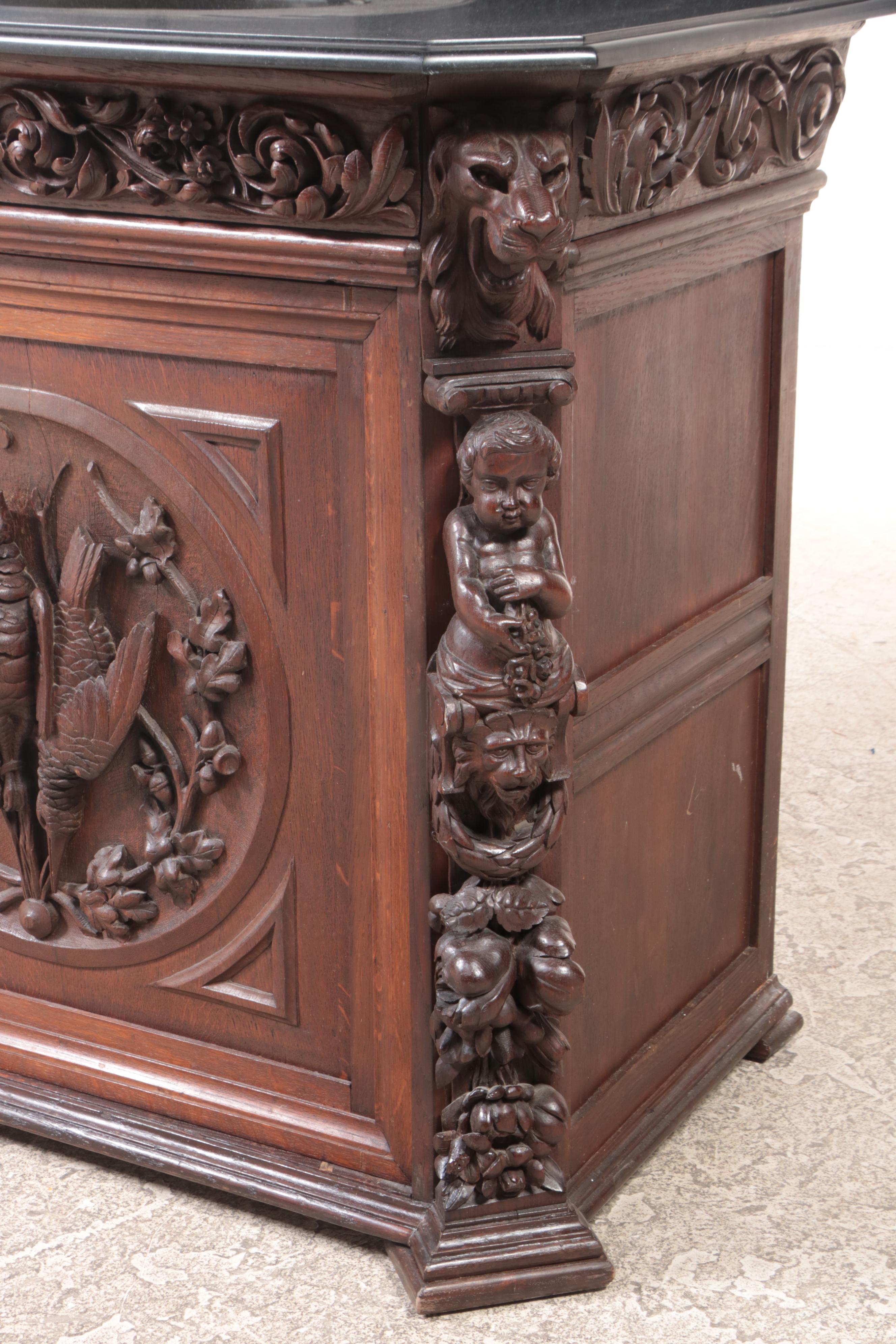 Renaissance Revival Carved Oak and Polished Stone Bathroom Vanity, Adapted