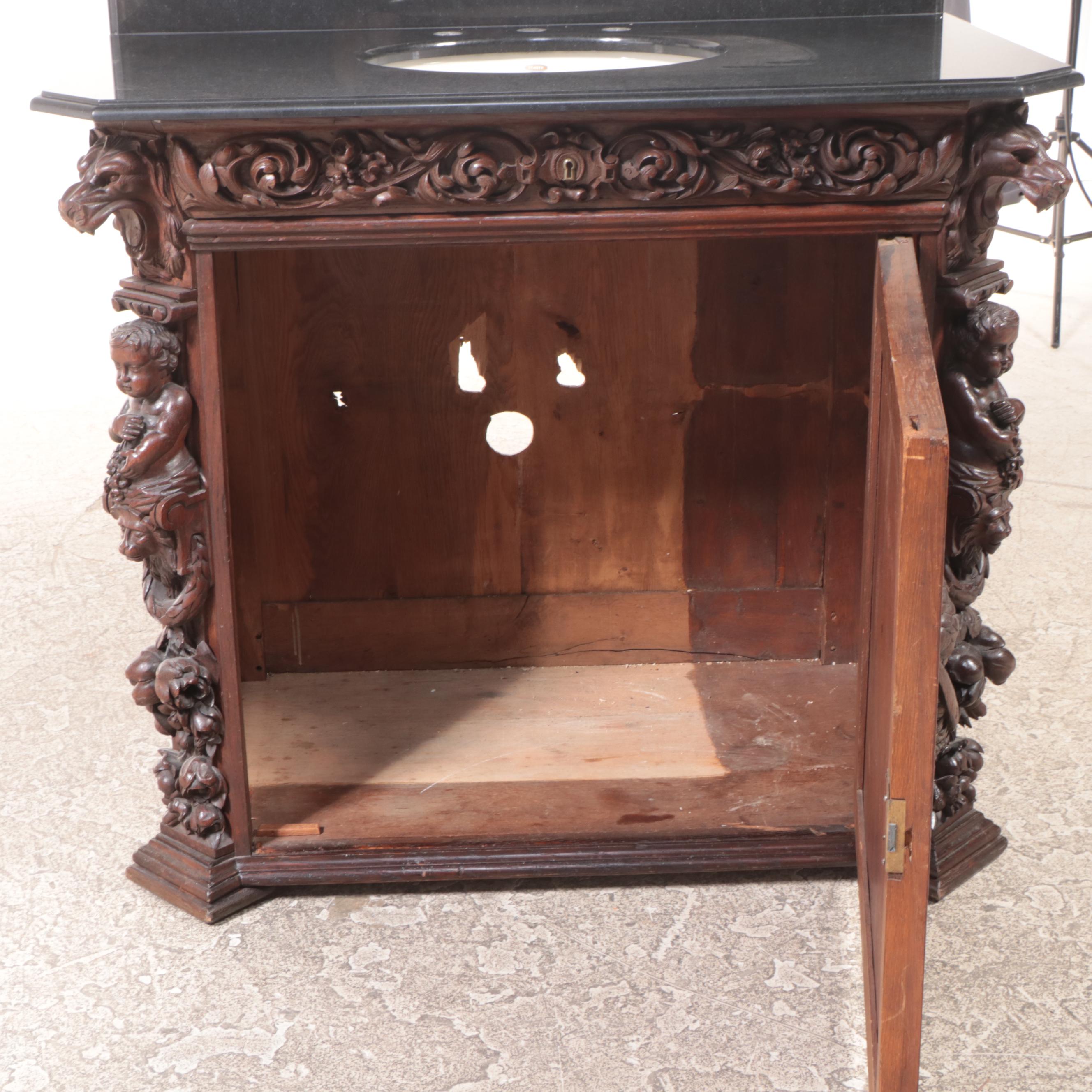 Renaissance Revival Carved Oak and Polished Stone Bathroom Vanity, Adapted