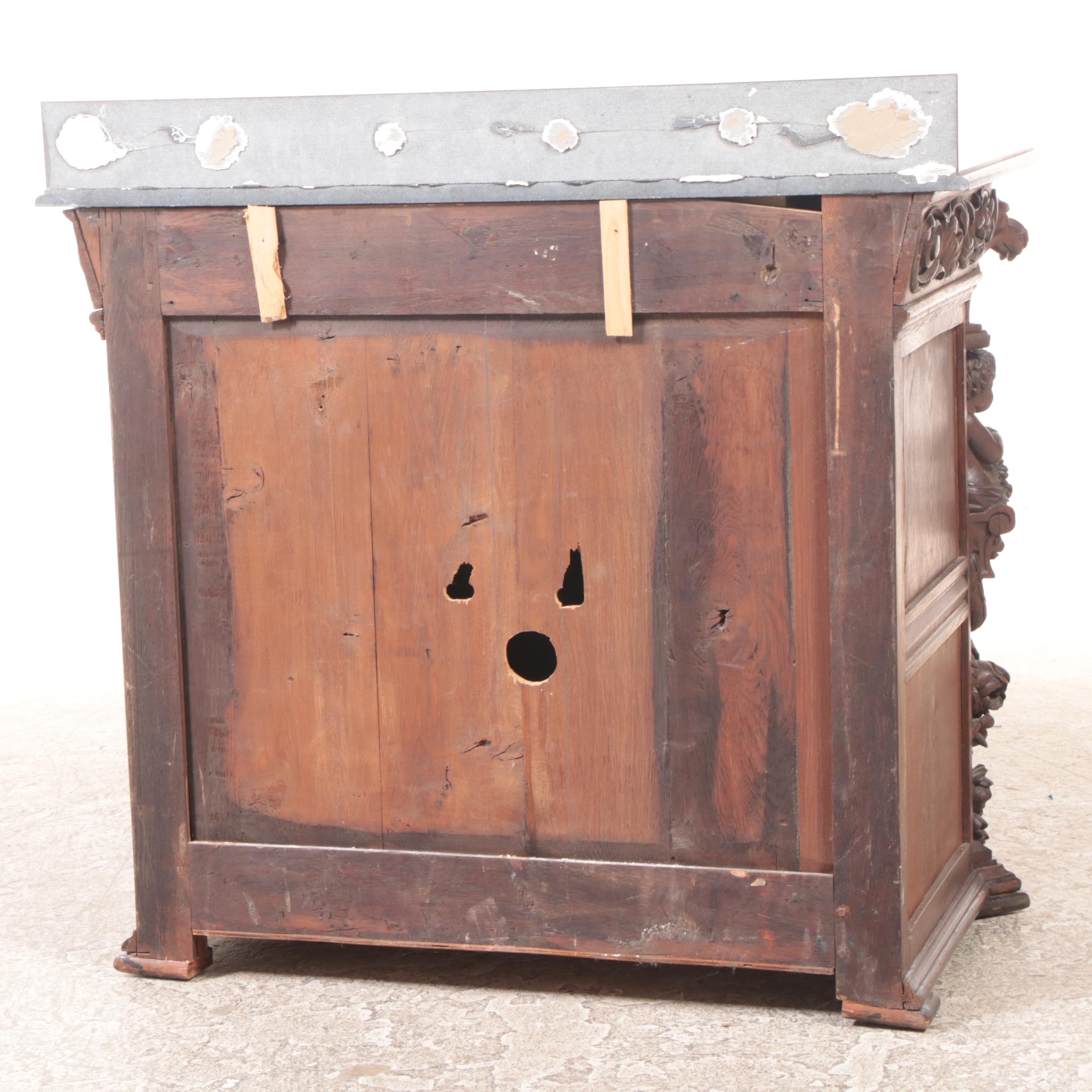 Renaissance Revival Carved Oak and Polished Stone Bathroom Vanity, Adapted